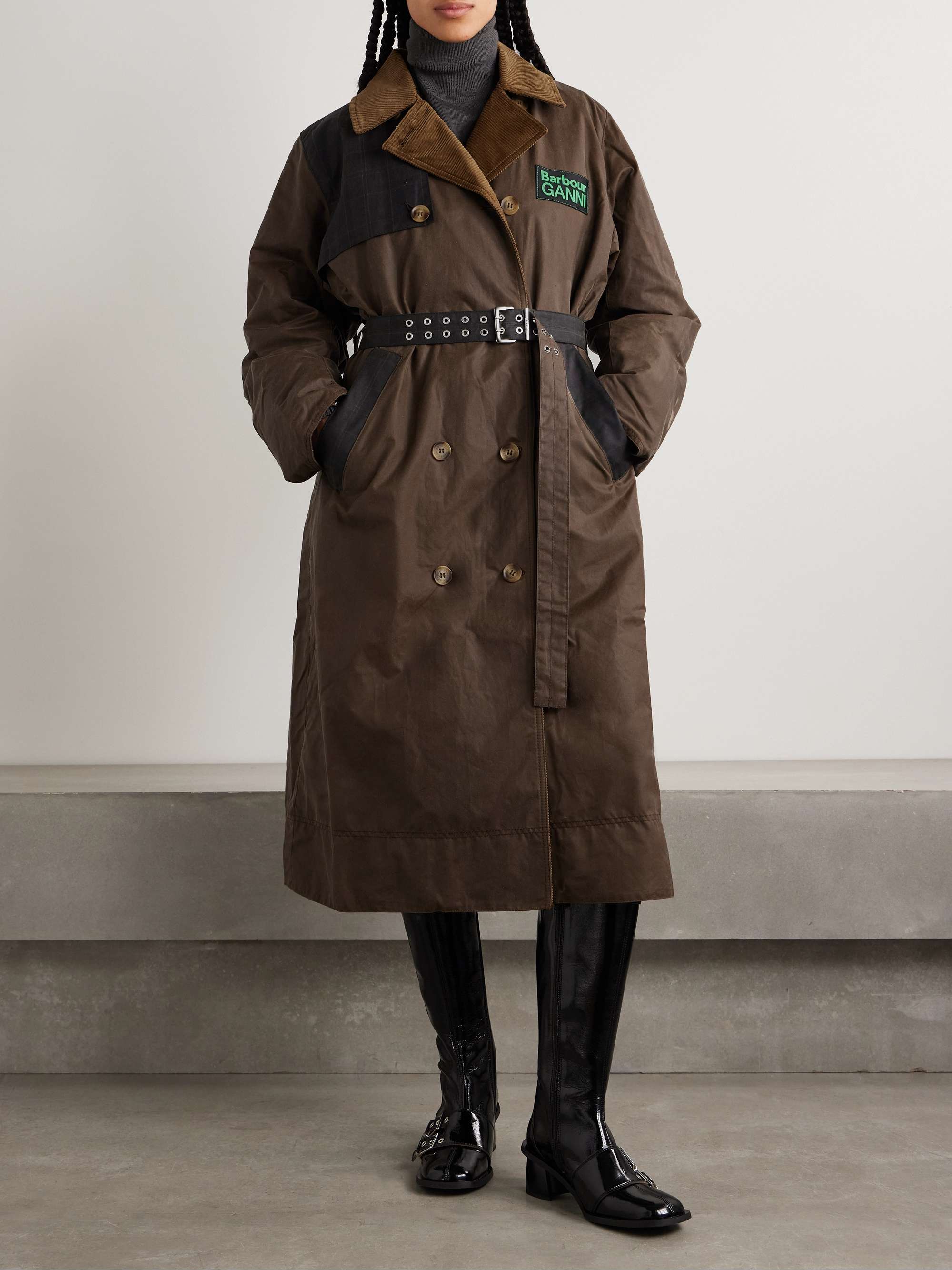 + GANNI belted corduroy-trimmed paneled checked waxed-organic cotton trench coat view