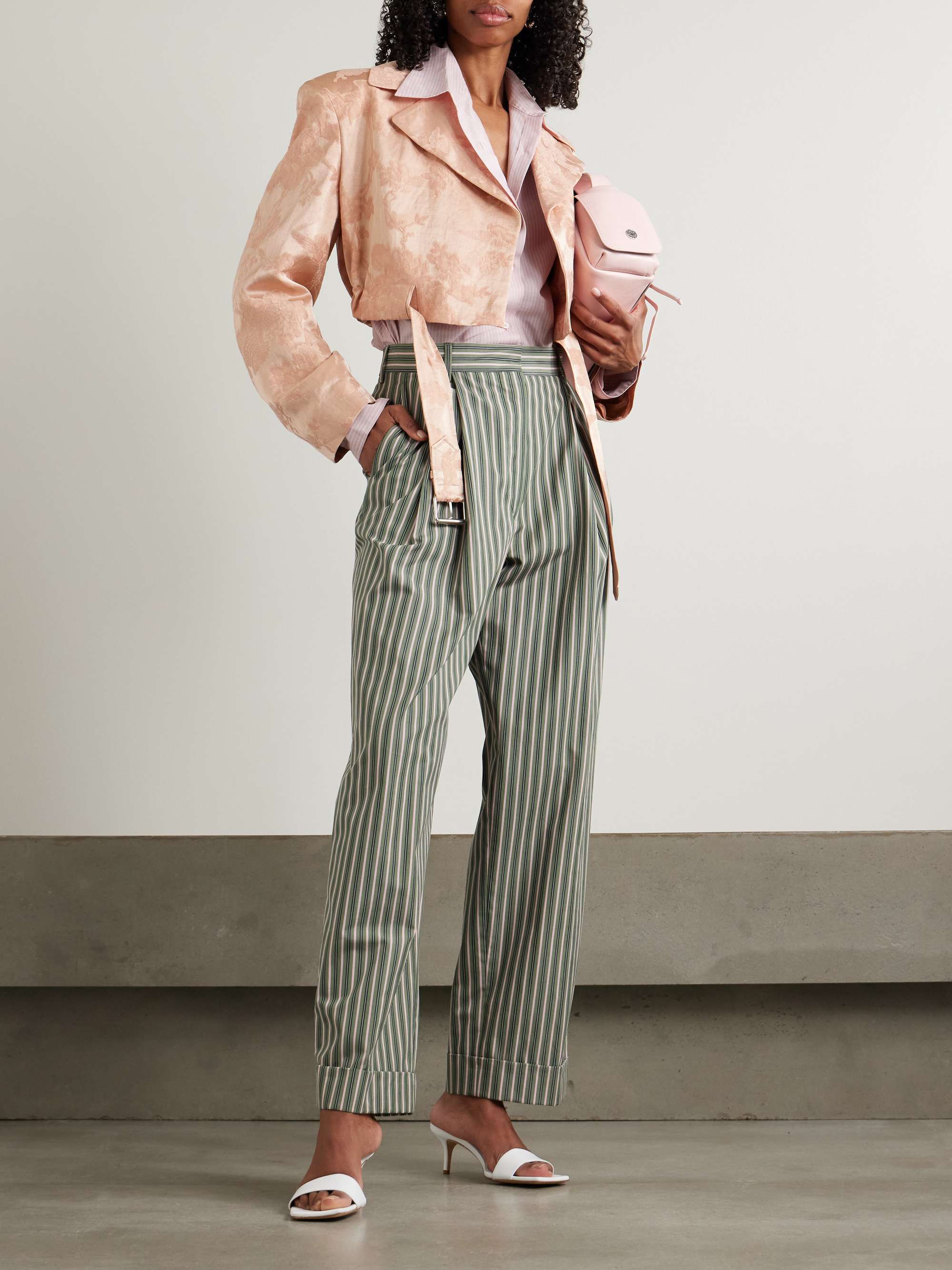 Belted cropped floral-jacquard linen-blend jacket view