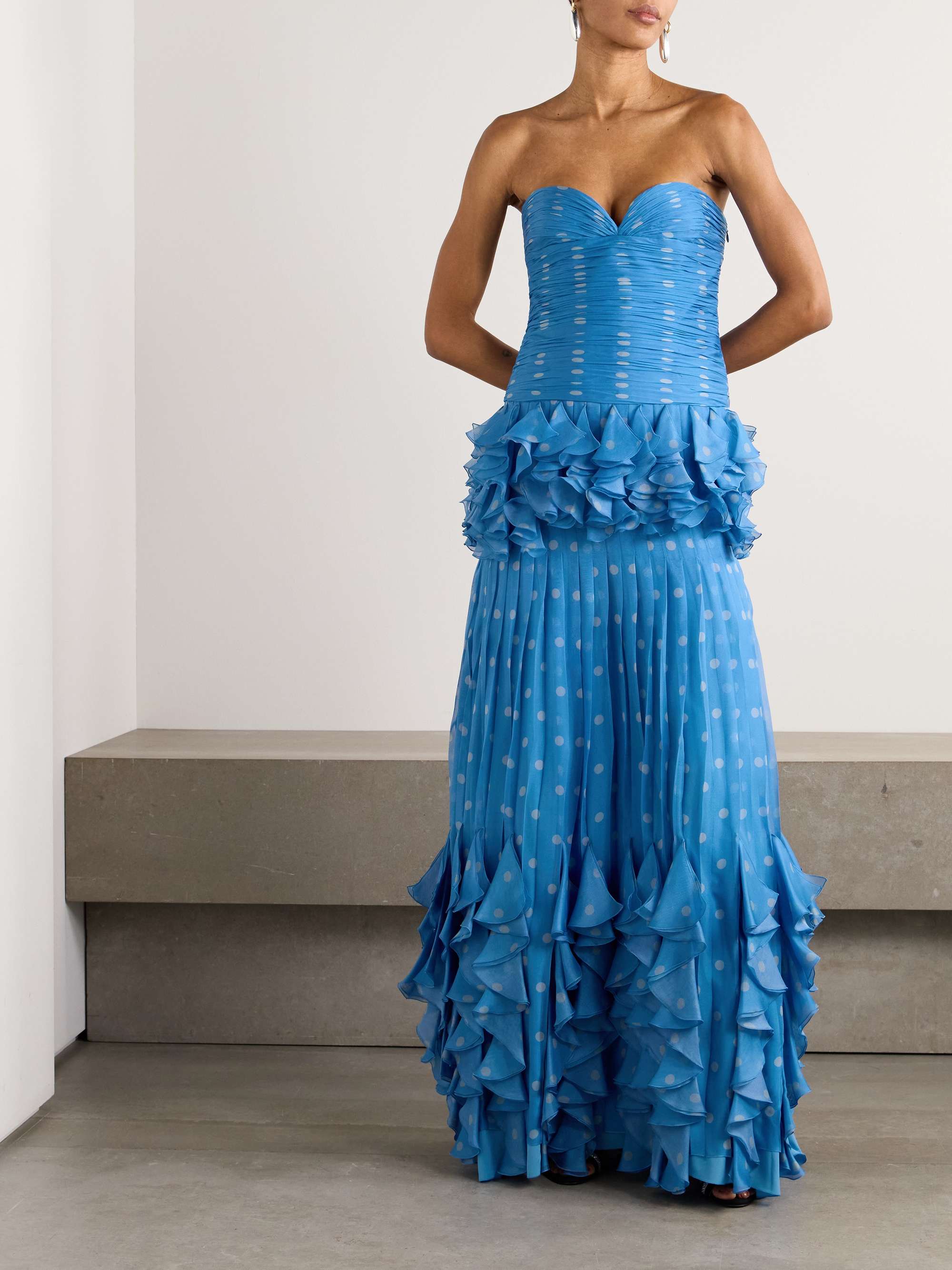 Strapless pleated ruffled polka-dot silk-chiffon gown view