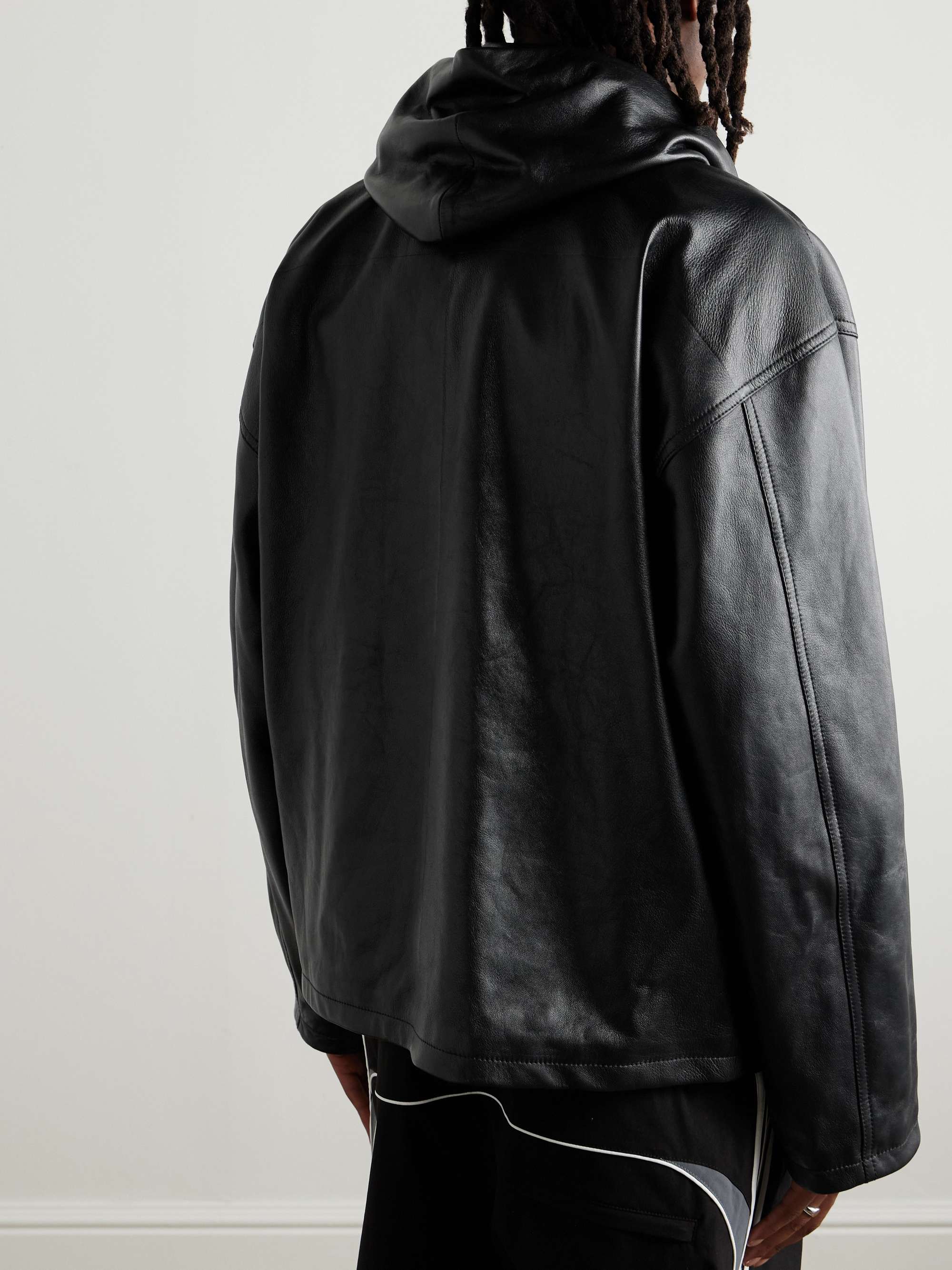 Oversized Logo-Debossed Leather Hooded Jacket view
