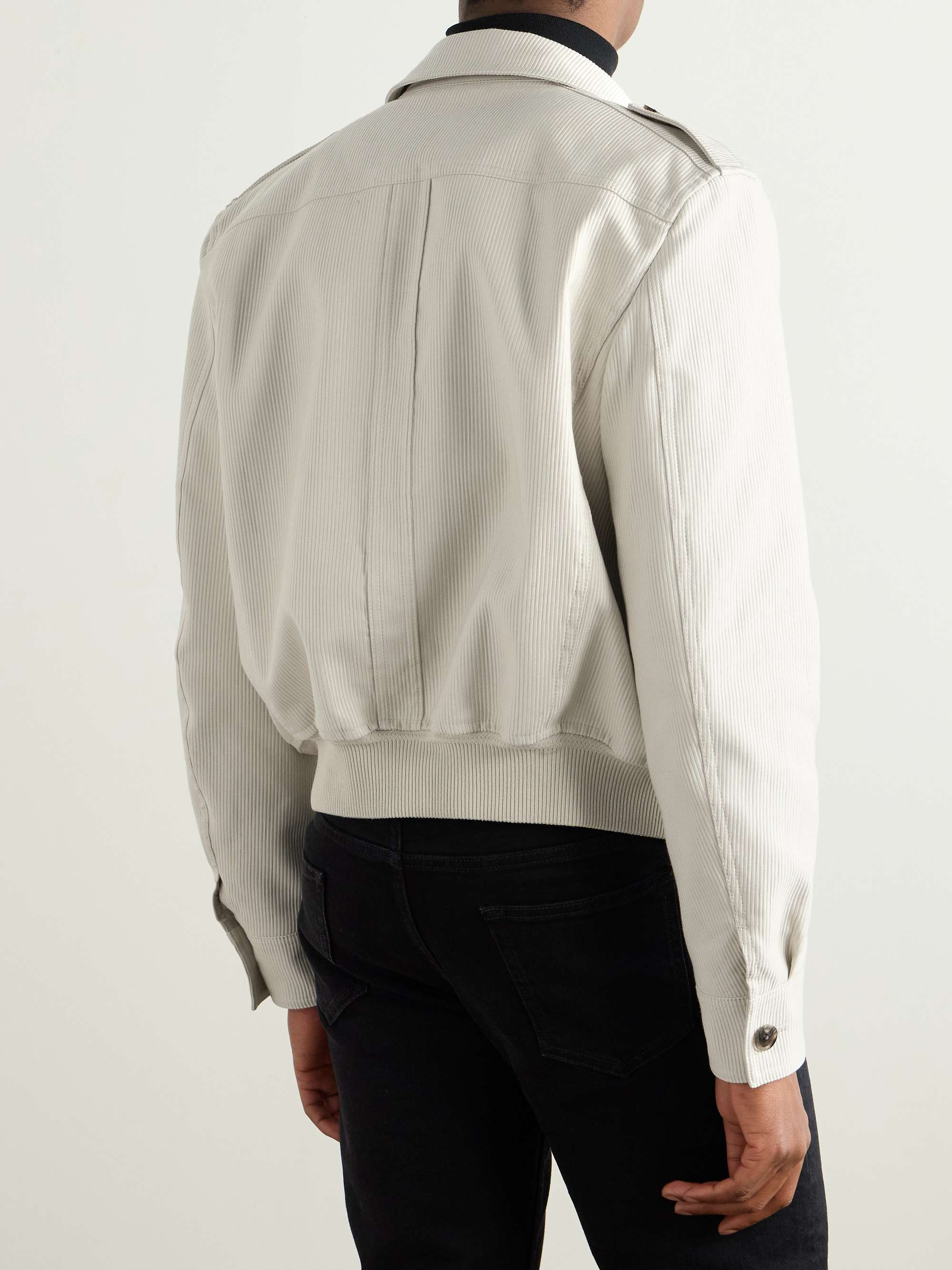 Slim-Fit Leather-Trimmed Cotton-Corduroy Jacket view