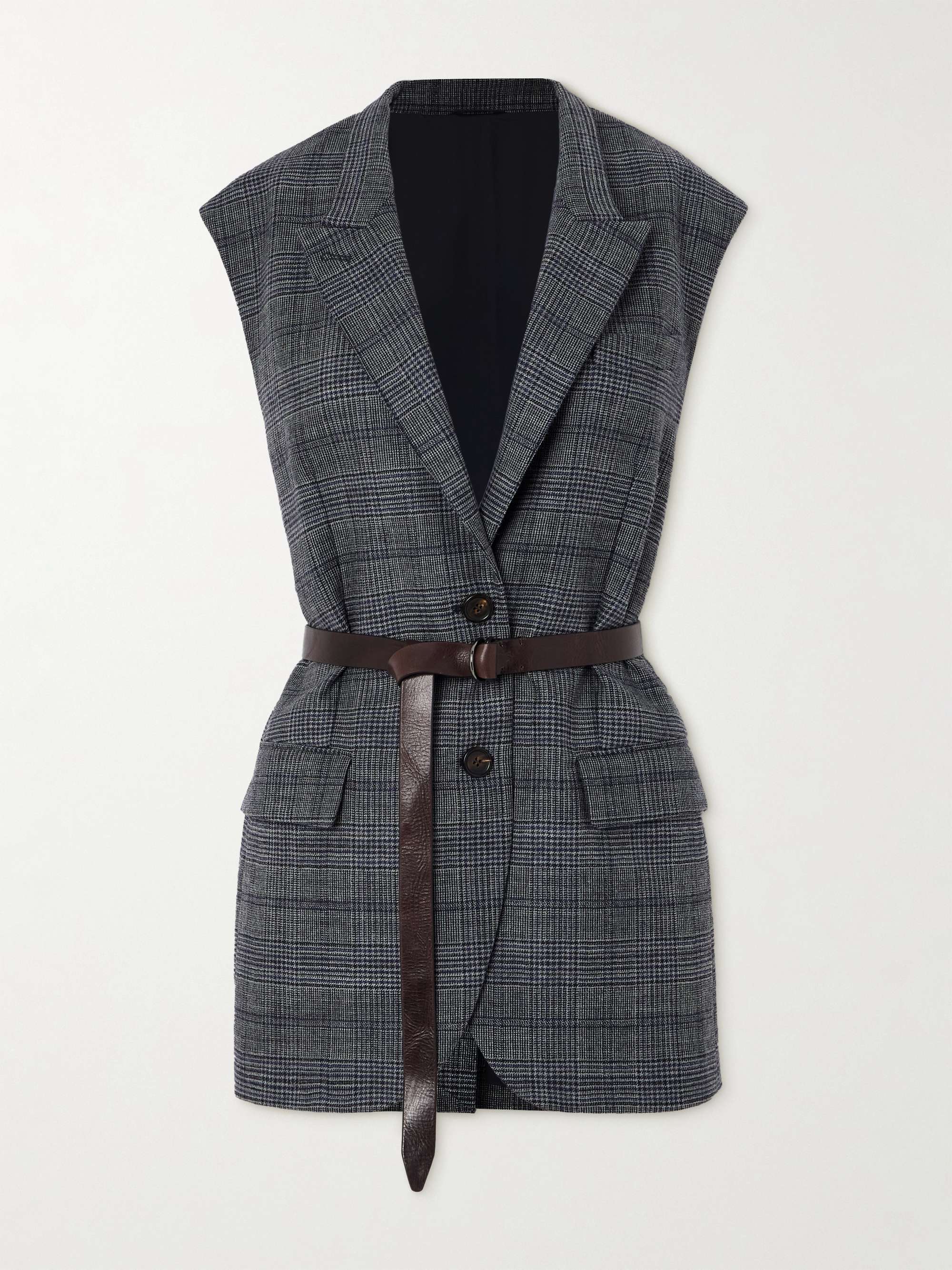 Bead-embellished leather-trimmed belted Prince of Wales checked wool vest view