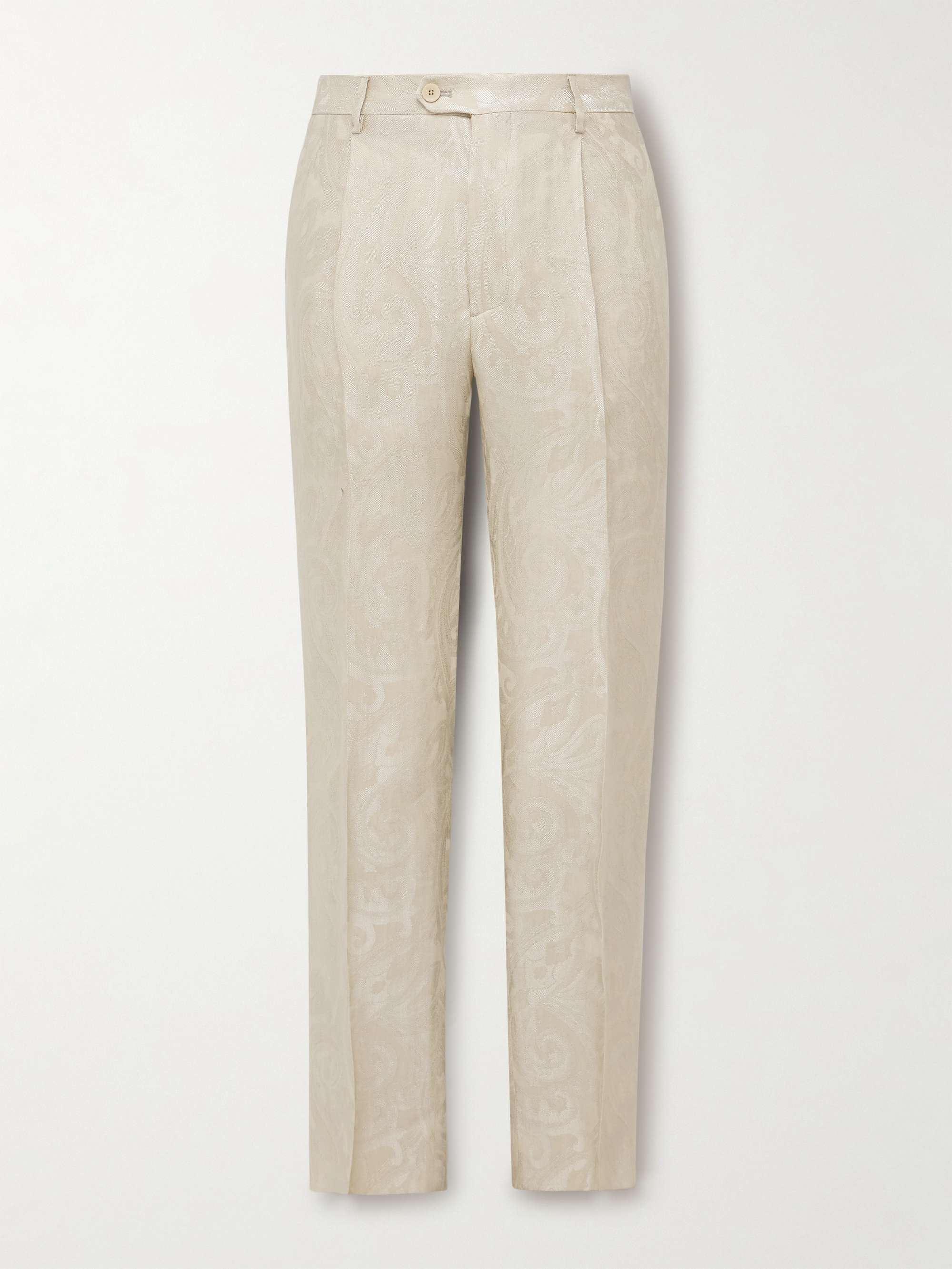 Straight-Leg Pleated Paisley-Jacquard Linen-Blend Suit Trousers view