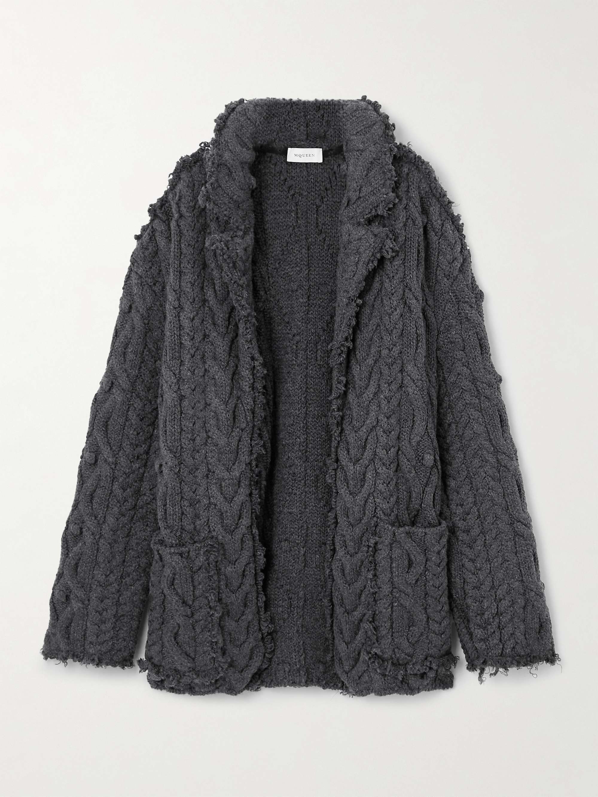 Distressed embellished cable-knit wool-blend cardigan view