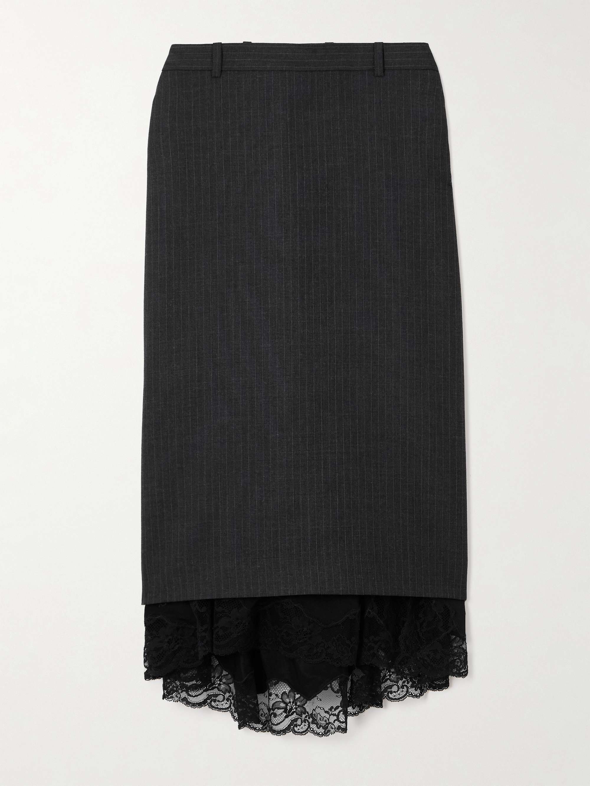 Lace-trimmed pinstriped wool midi skirt view