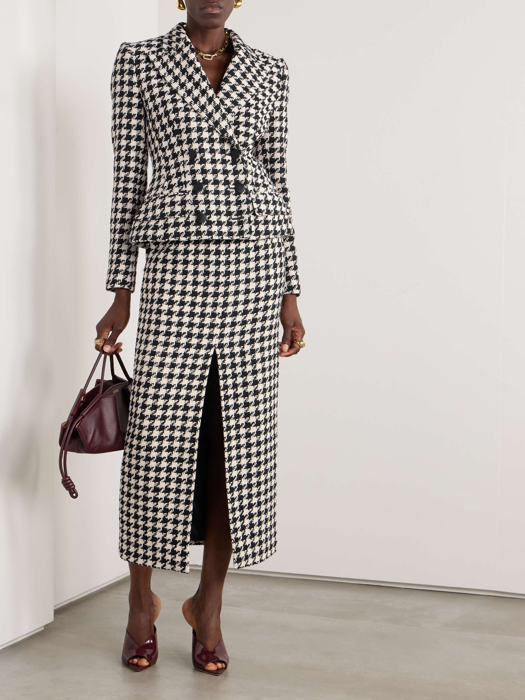 Double-breasted houndstooth wool and cotton-blend tweed blazer view