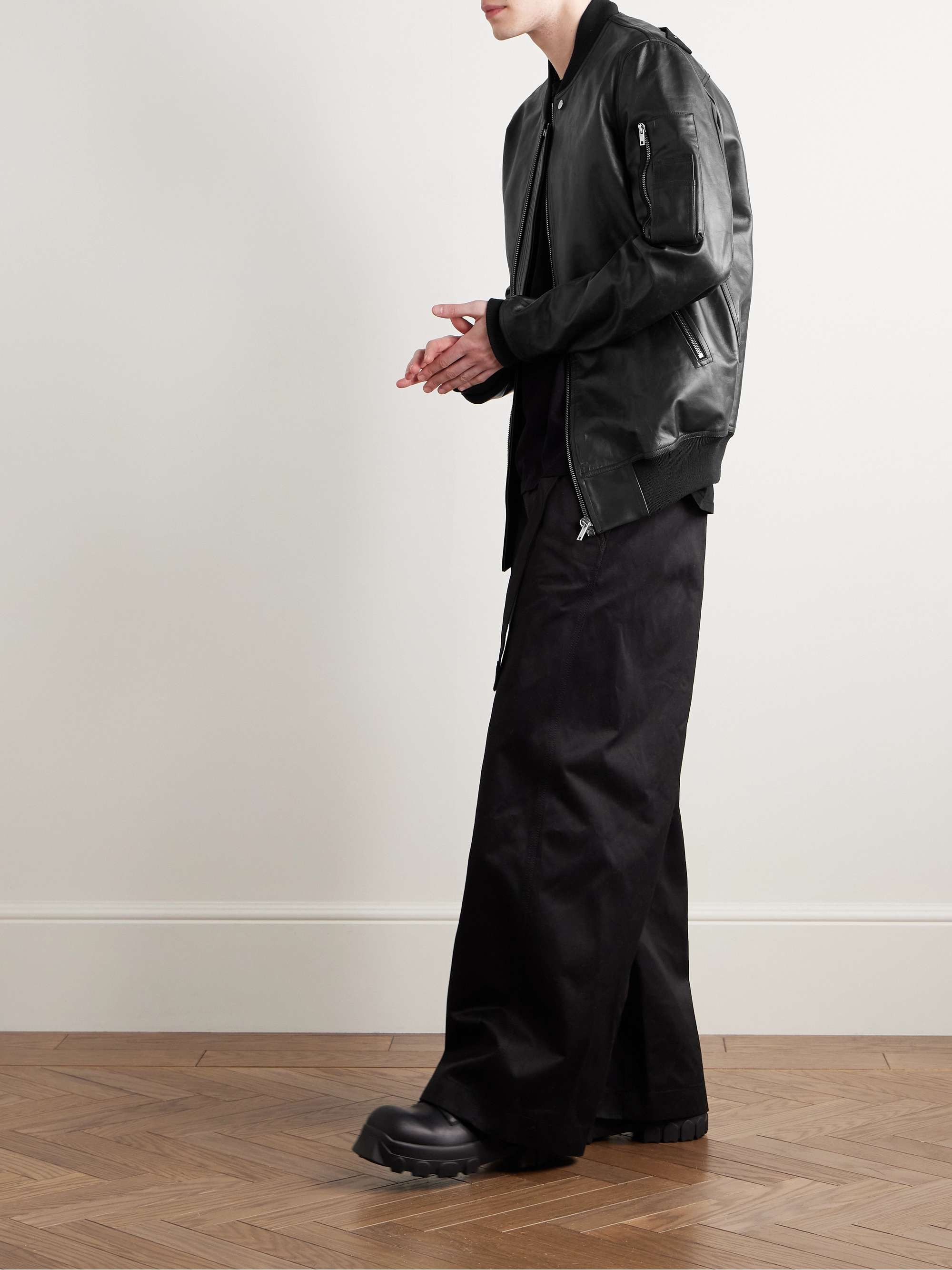 Classic Flight Oversized Webbing-Trimmed Distressed Leather Bomber Jacket view