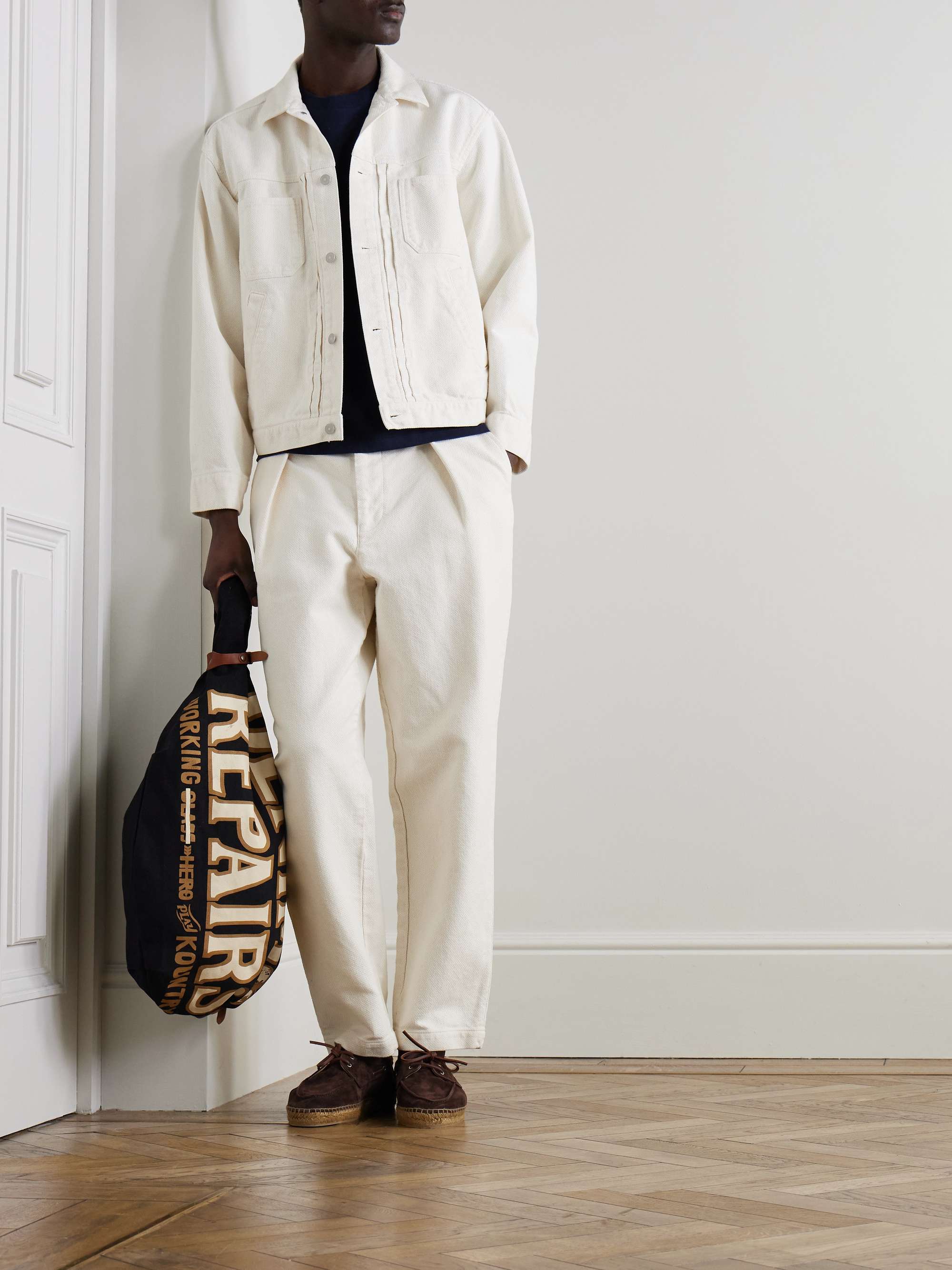 Tapered Pleated Textured-Cotton Trousers view