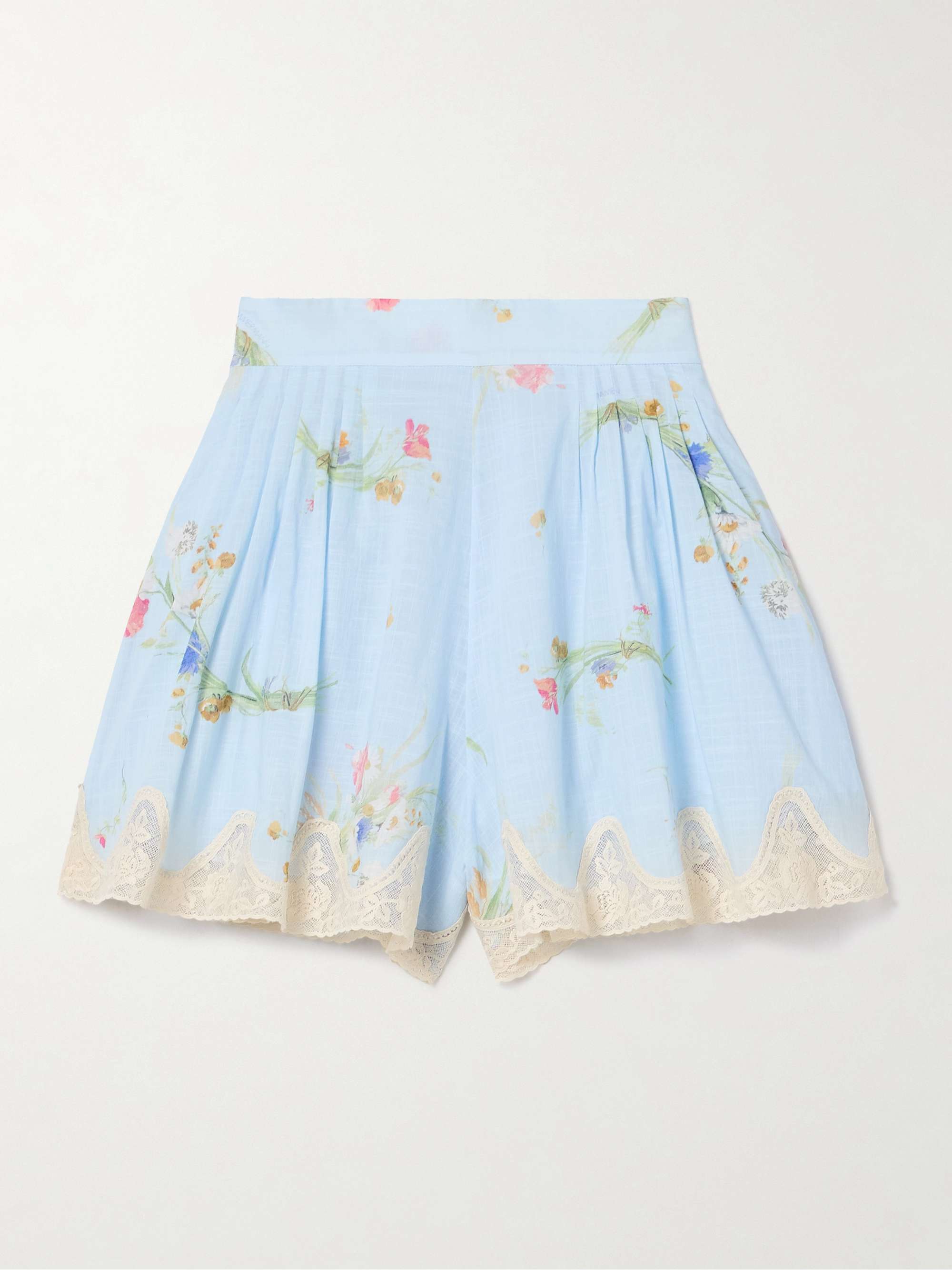 Lucky lace-trimmed pleated floral-print cotton-voile shorts view