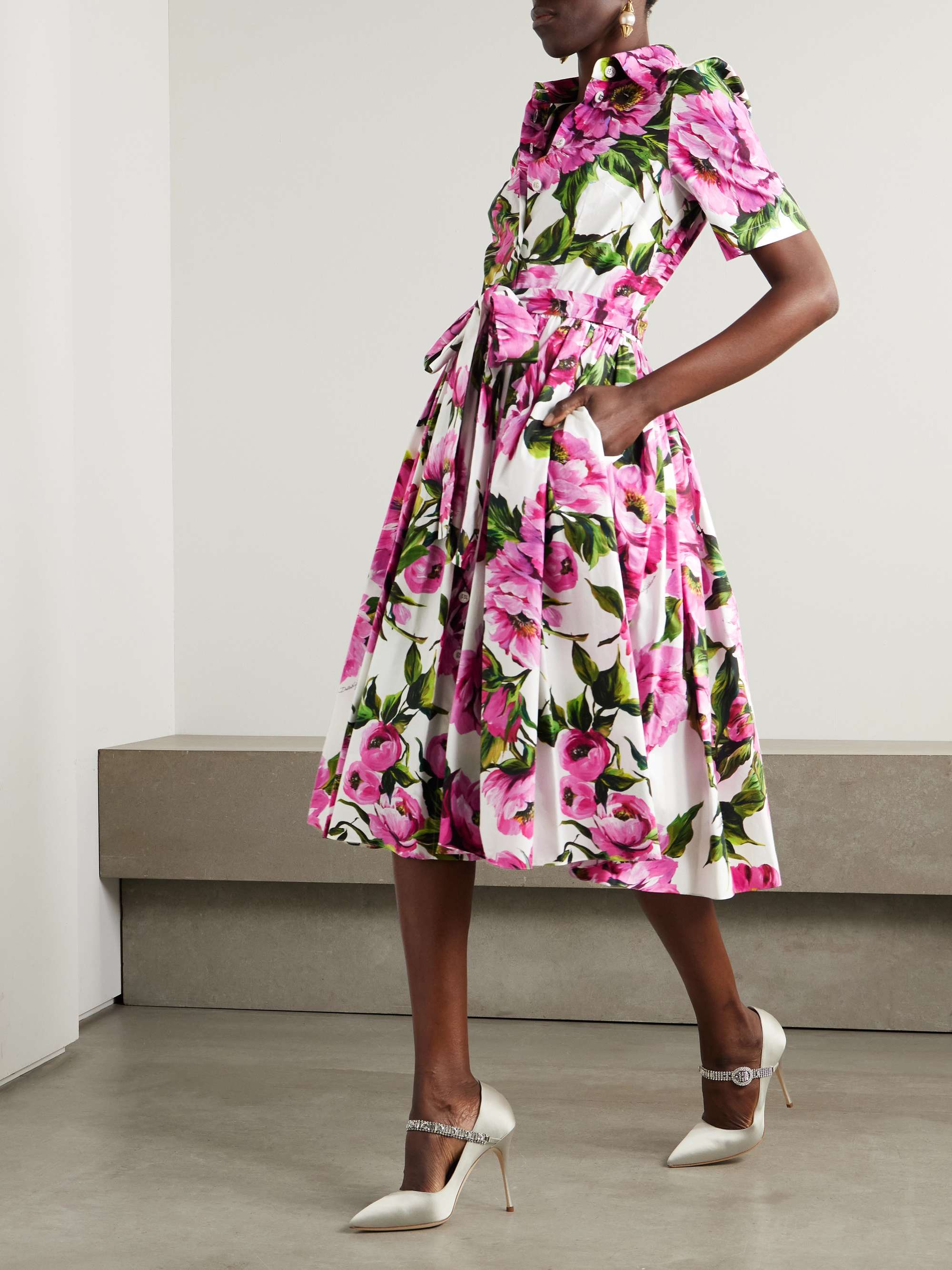 Belted pleated floral-print cotton-poplin midi shirt dress view