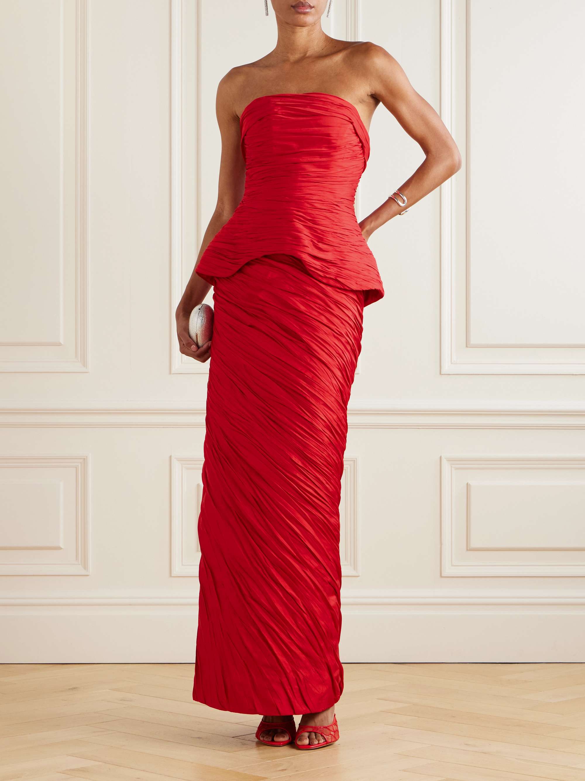 Strapless gathered plissé-taffeta gown view