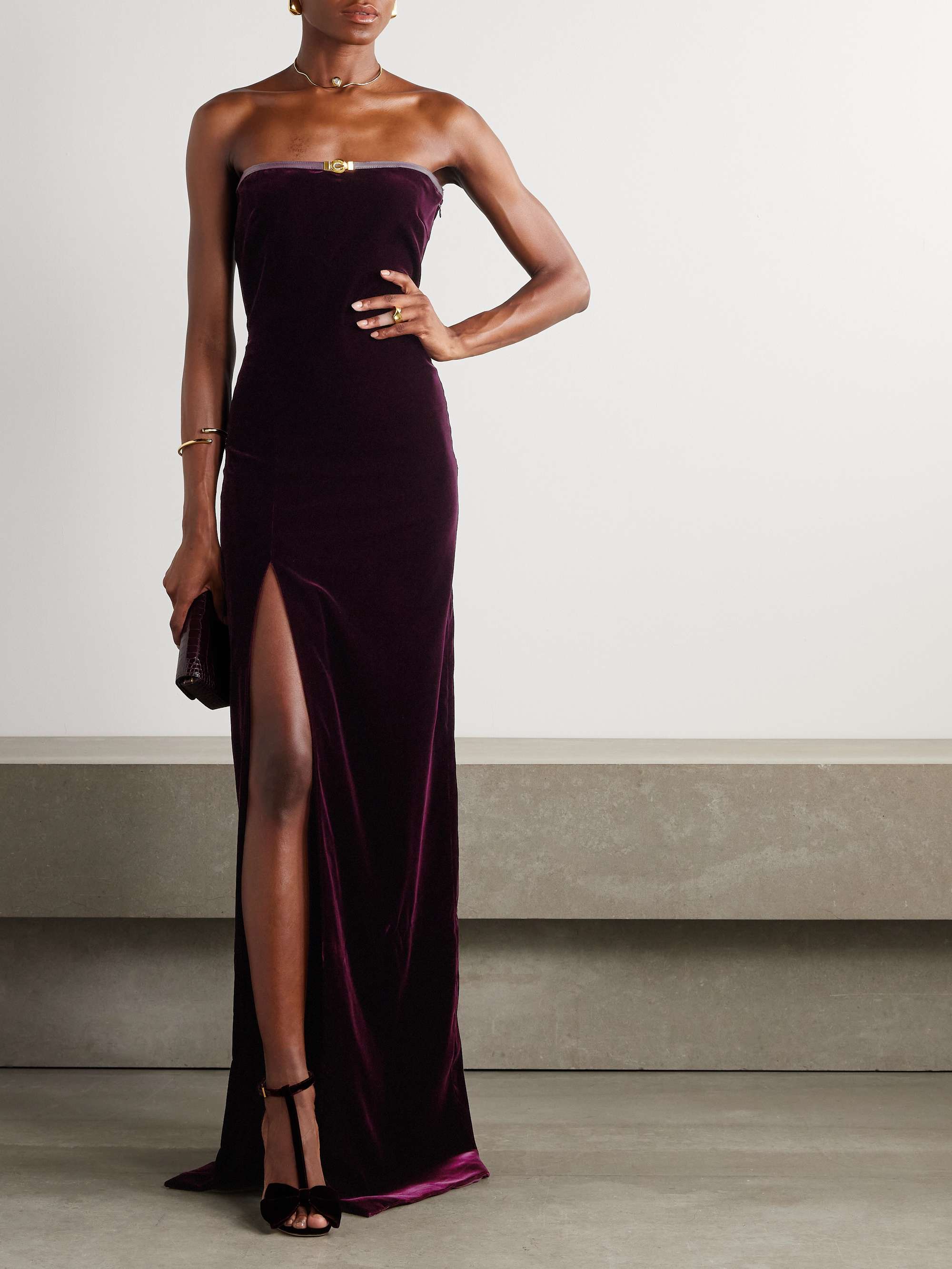 Strapless embellished leather-trimmed velvet gown view