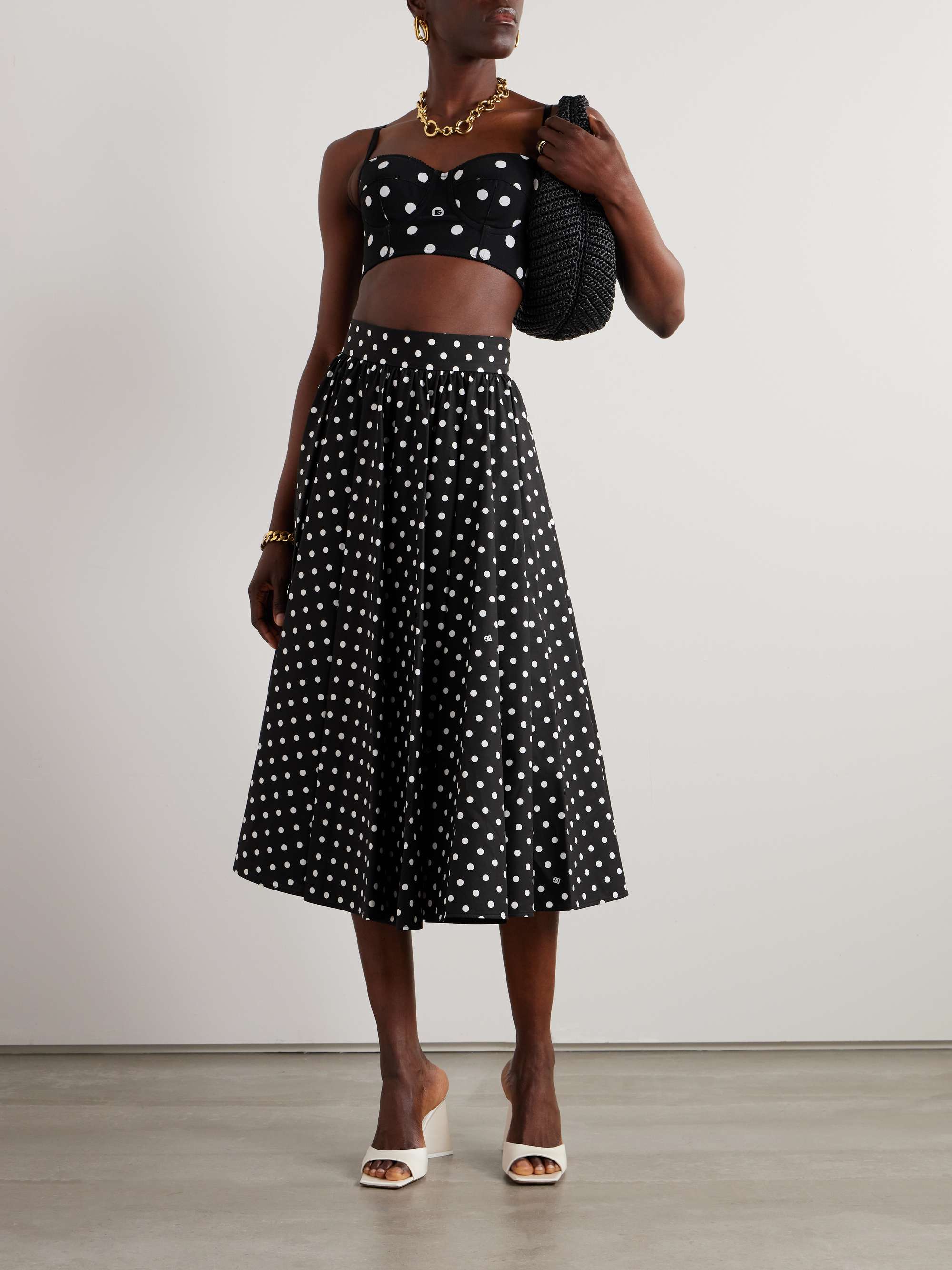 Pleated printed polka-dot cotton-poplin midi skirt view