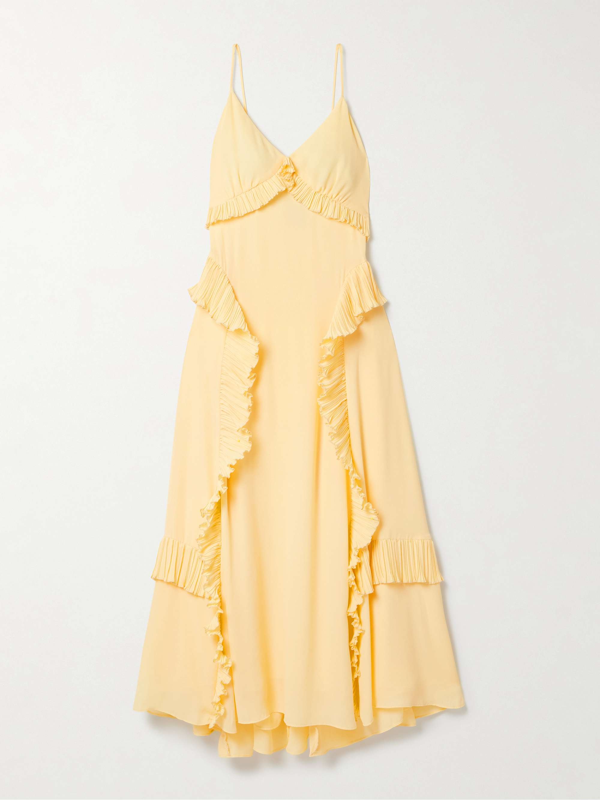 Delilah ruffled plissé-trimmed crepe de chine midi dress view