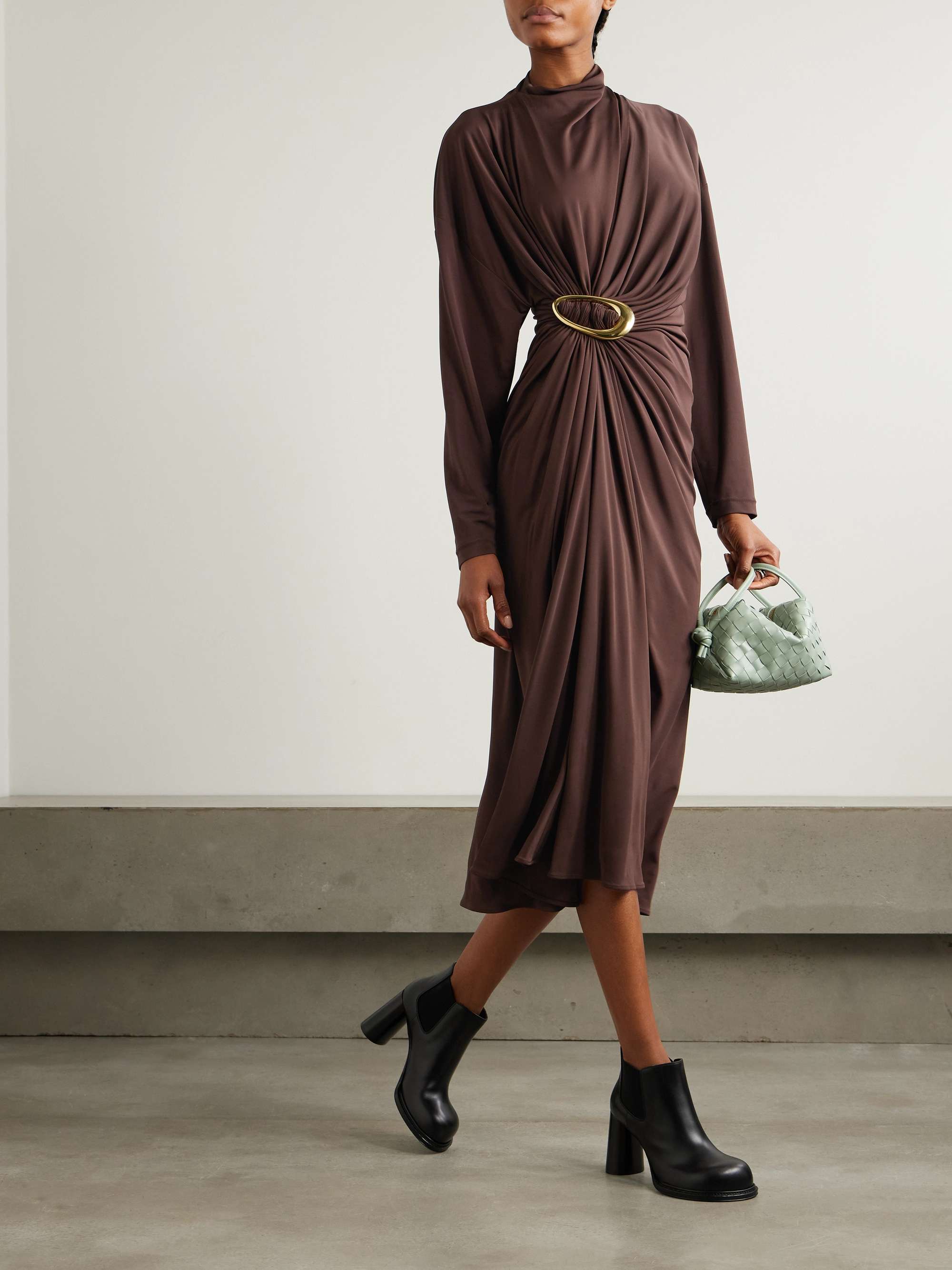 Gathered embellished crepe-jersey midi dress view