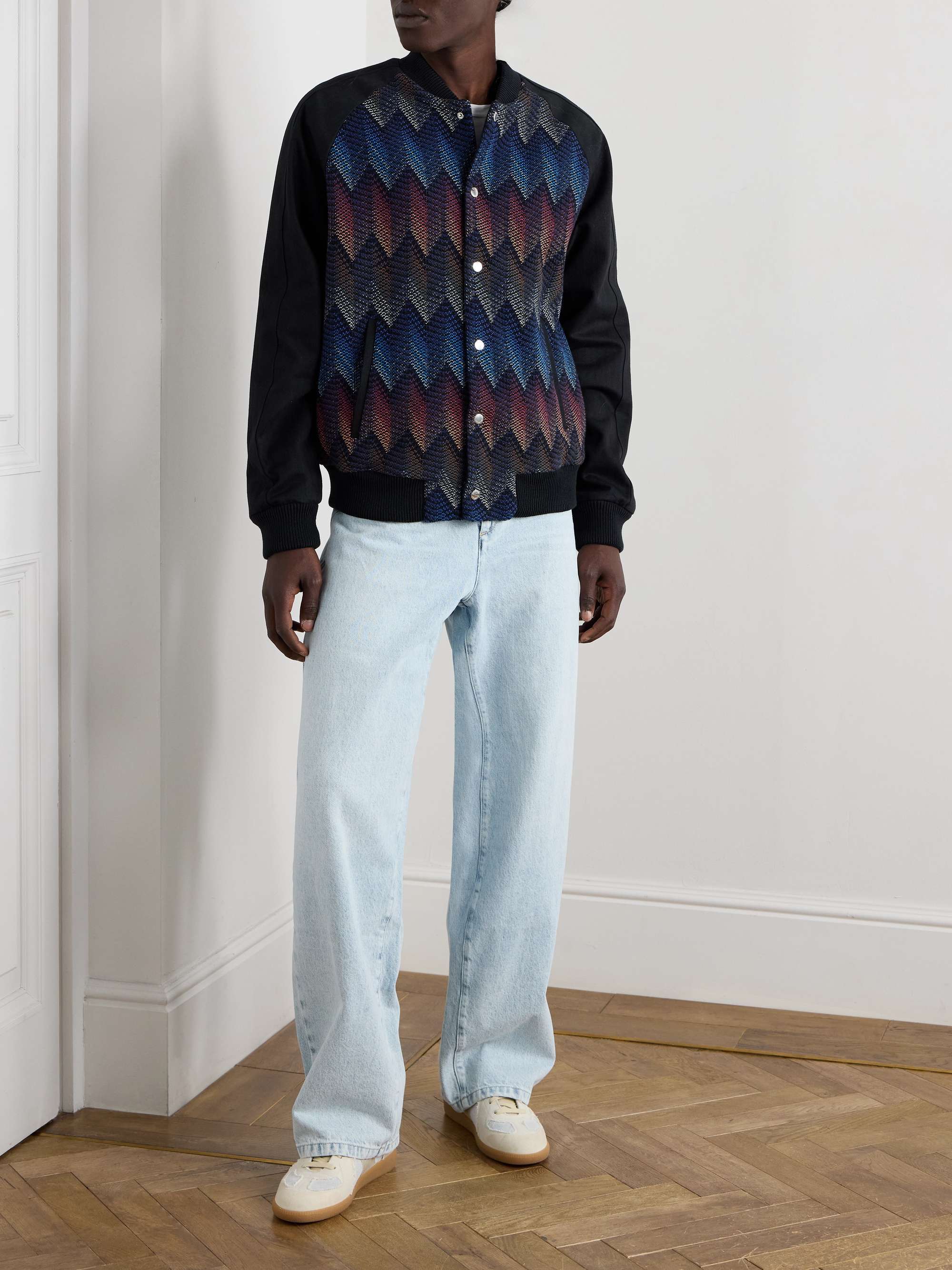 Jacquard-Knit Panelled Herringbone Cotton-Blend Drill Bomber Jacket view