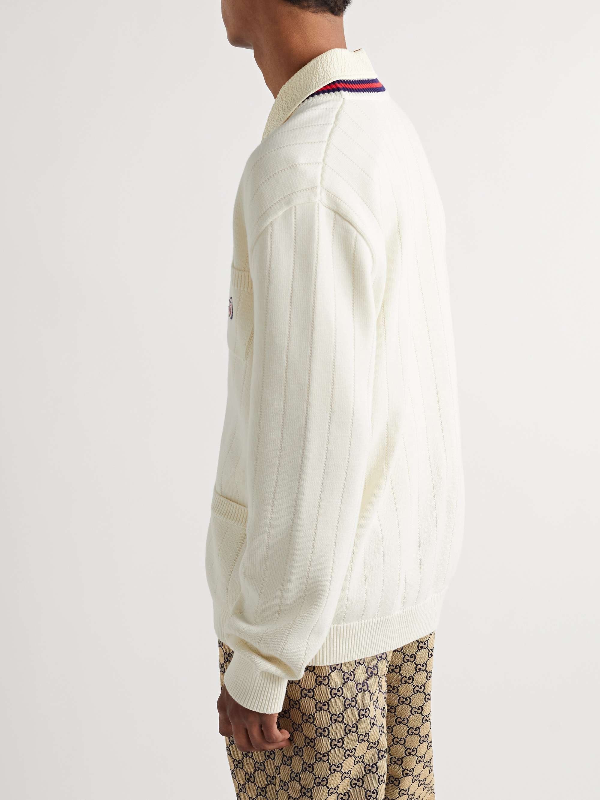 Logo-Appliquéd Striped Ribbed Cotton Cardigan view