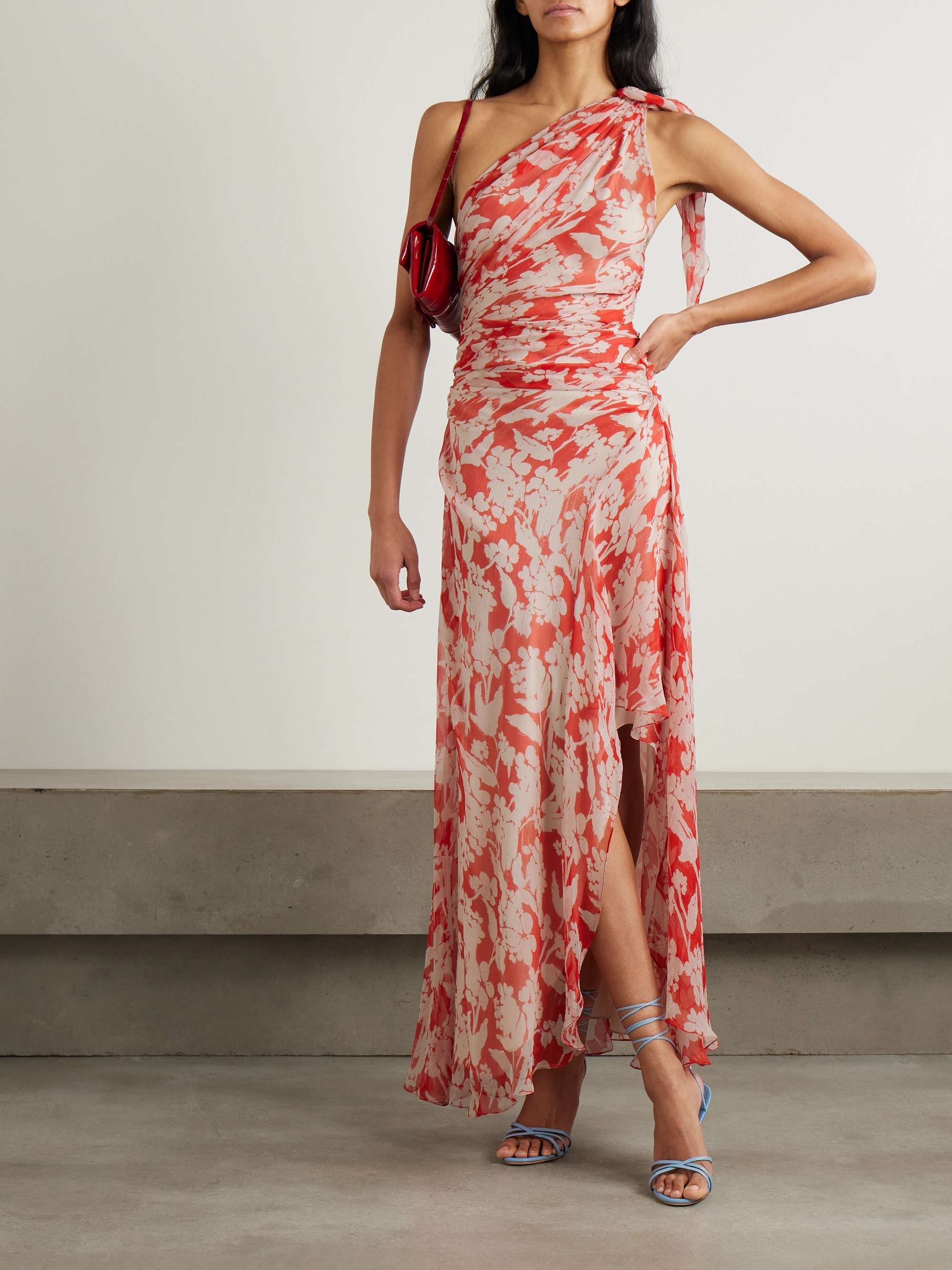 One-shoulder draped floral-print silk-georgette maxi dress view