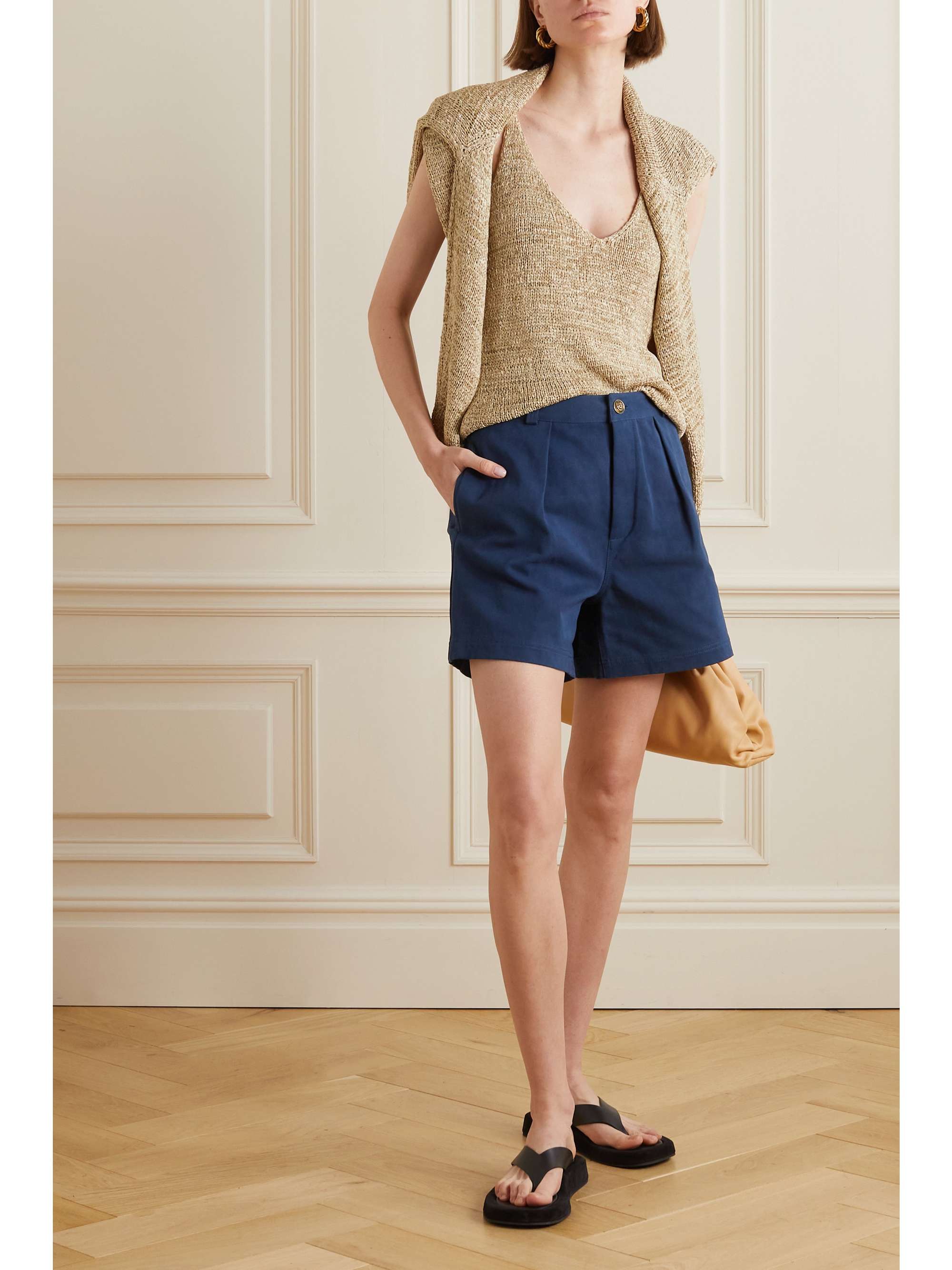 Pleated cotton and linen-blend twill shorts view