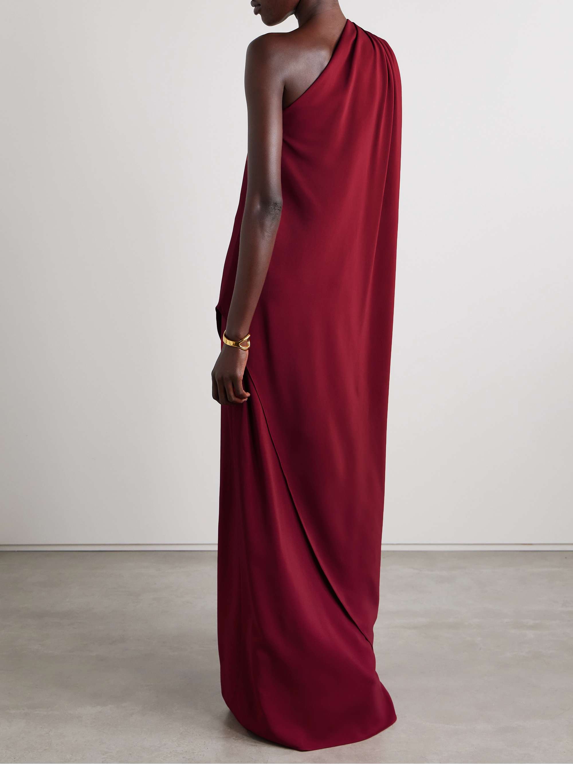 One-shoulder embellished draped cady gown view