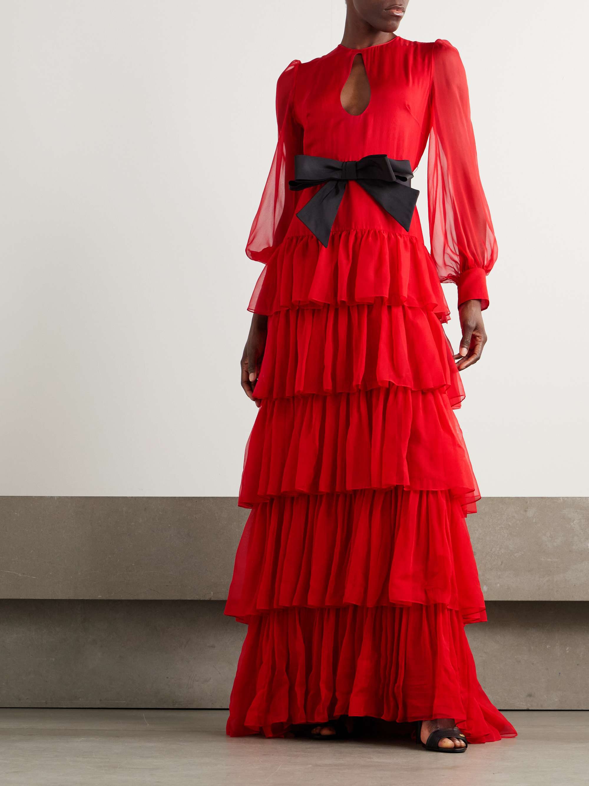 Bow-detailed ruffled silk-chiffon gown view