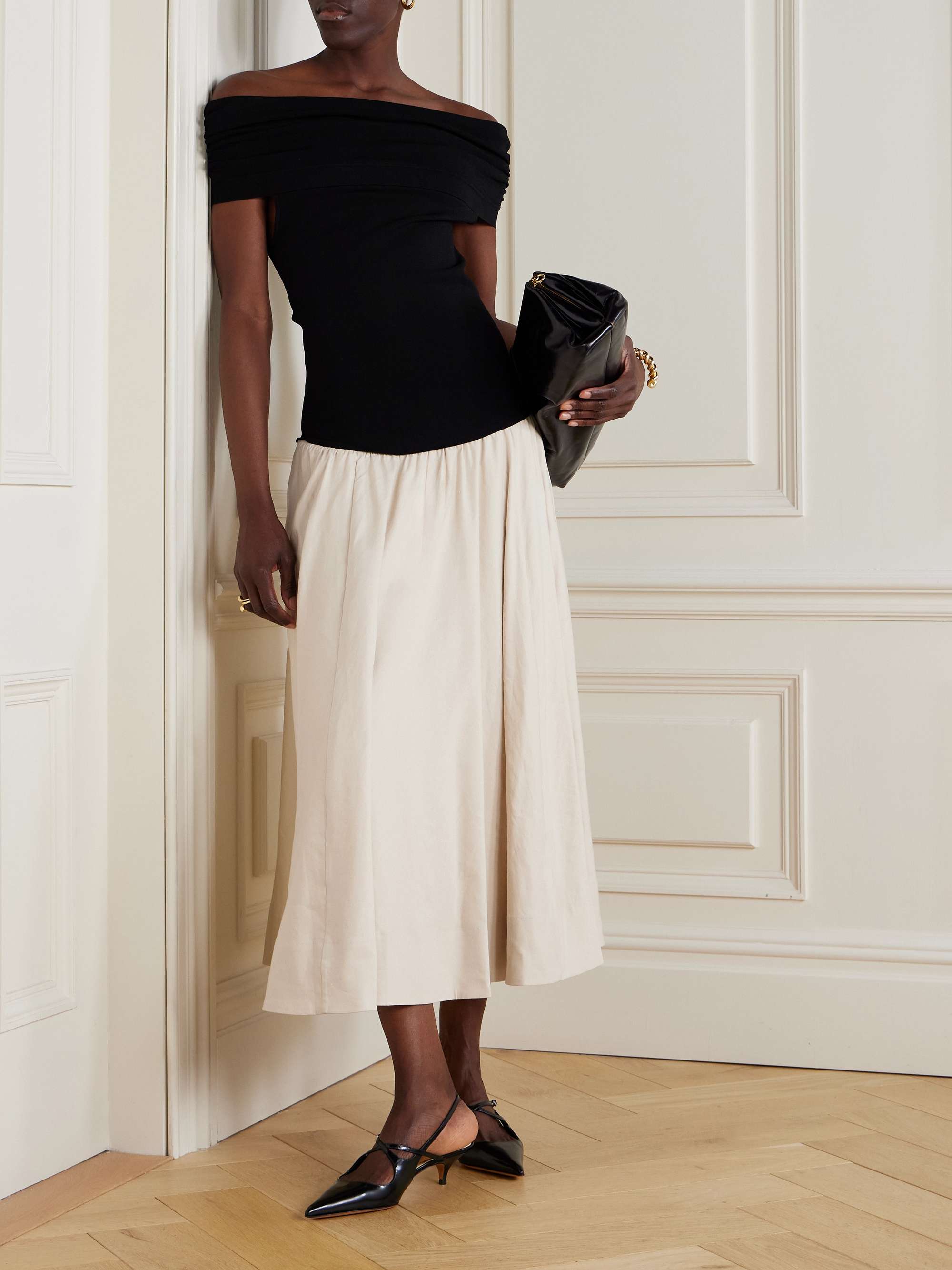 Adaline off-the-shoulder linen-blend and recycled satin-jersey midi dress view