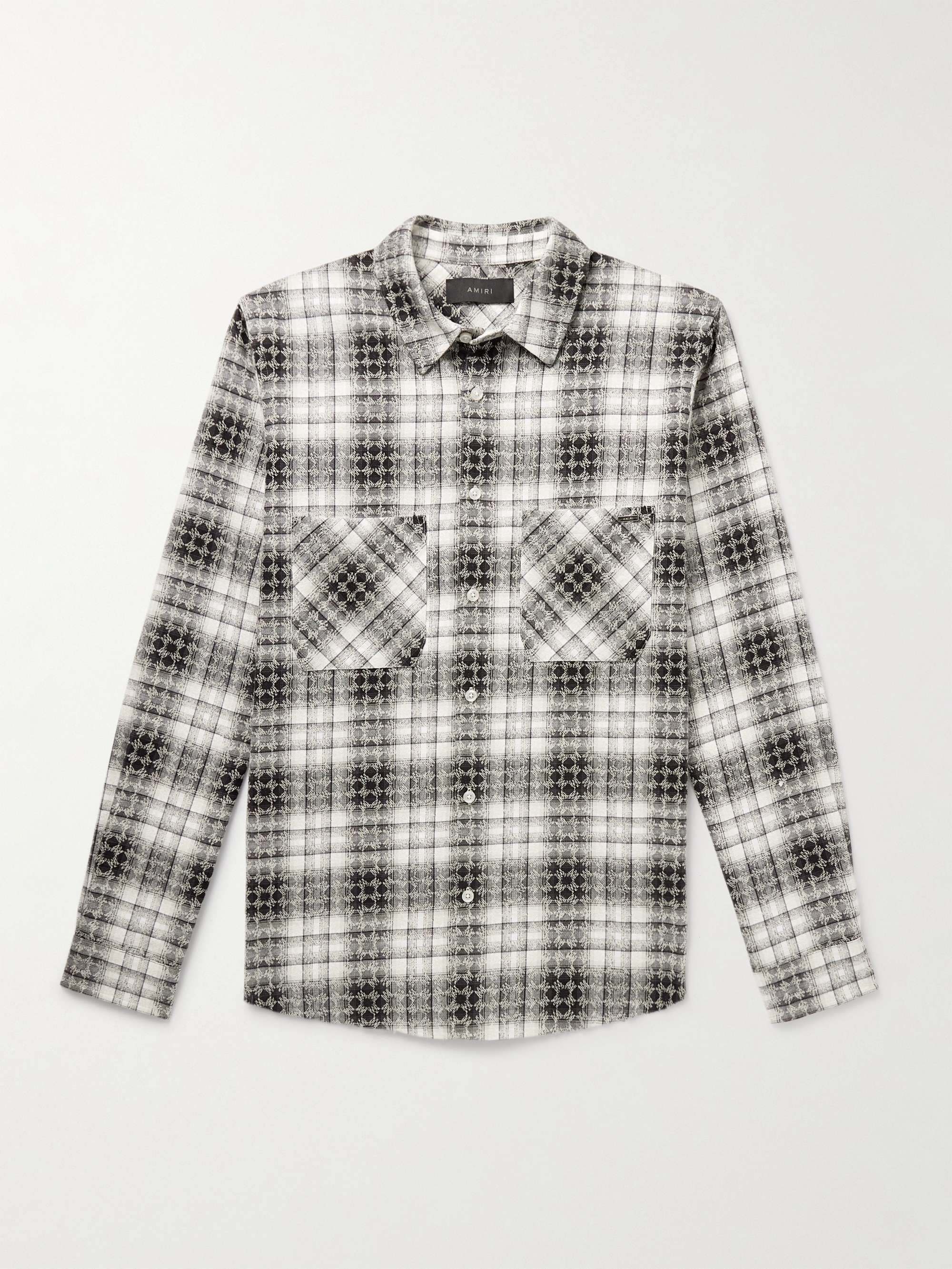 Distressed Logo-Jacquard Checked Cotton-Flannel Shirt view