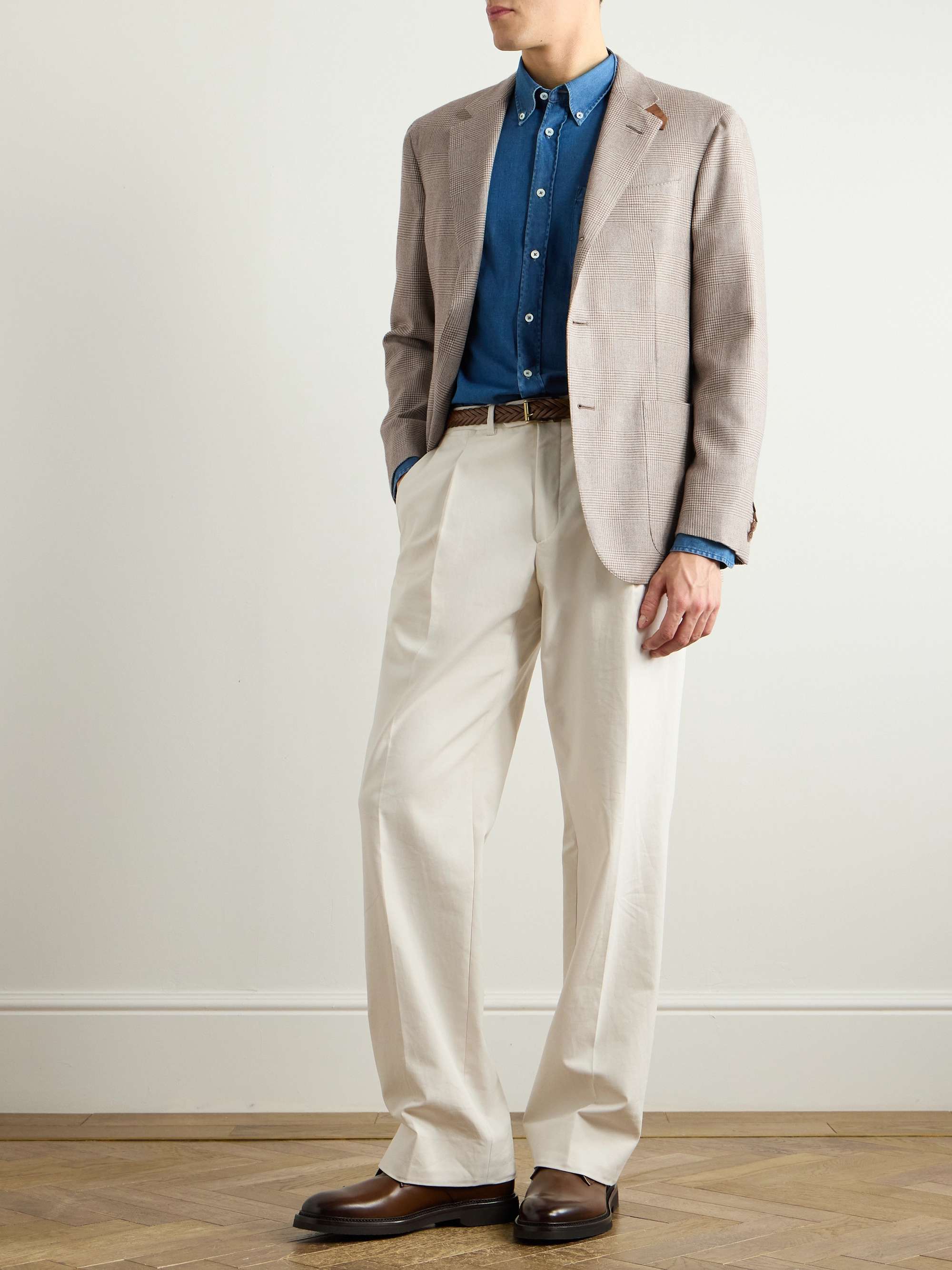 Cavendish Suede-Trimmed Prince of Wales Checked Wool, Silk and Cashmere-Blend Blazer view