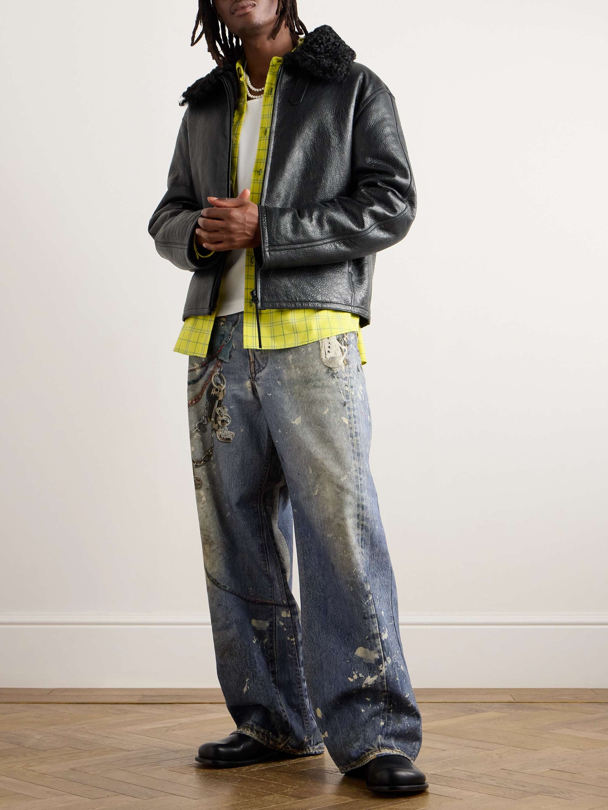 Shearling-Trimmed Cracked-Leather Jacket view