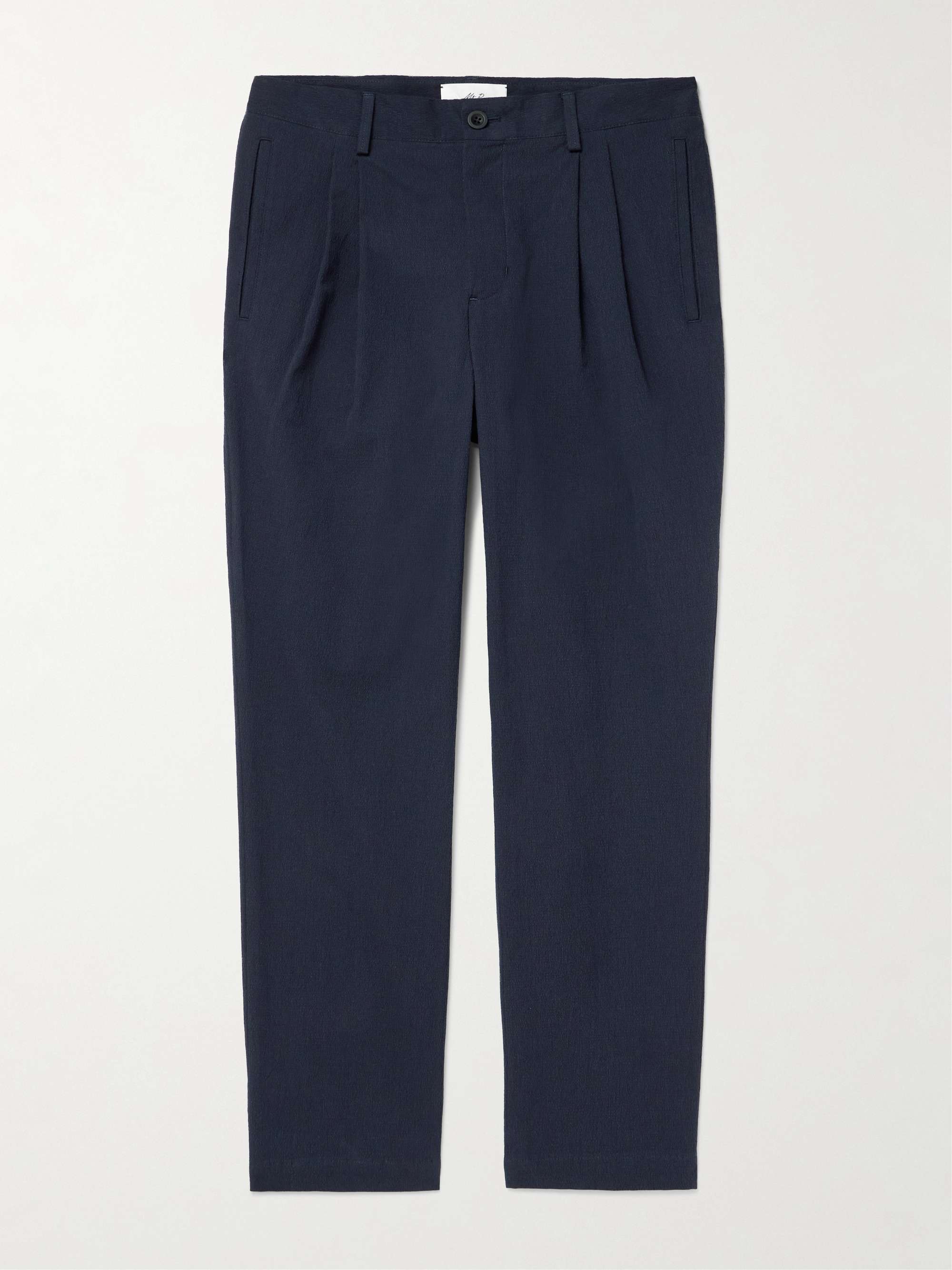 Steve Straight-Leg Pleated Organic Cotton-Blend Seersucker Trousers view