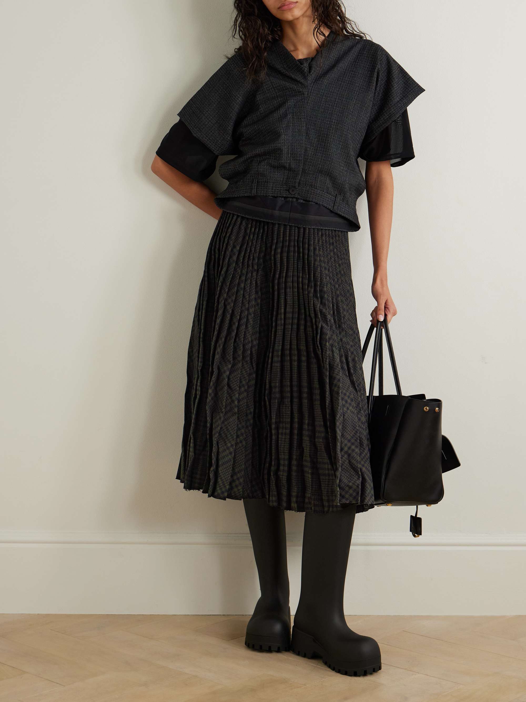 Pleated checked crinkled wool-blend midi skirt view