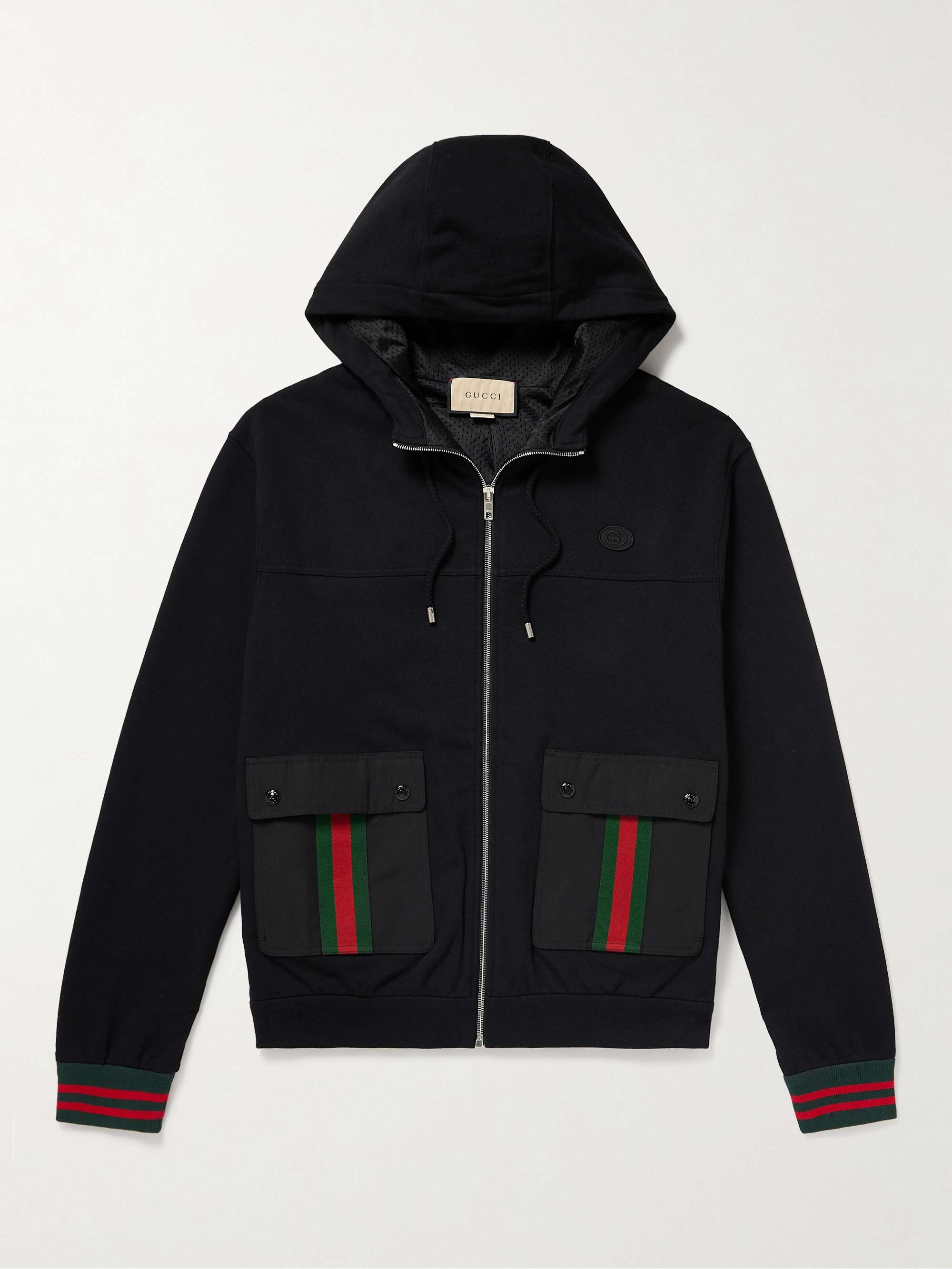 Shell and Webbing-Trimmed Cotton-Jersey Zip-Up Hoodie view