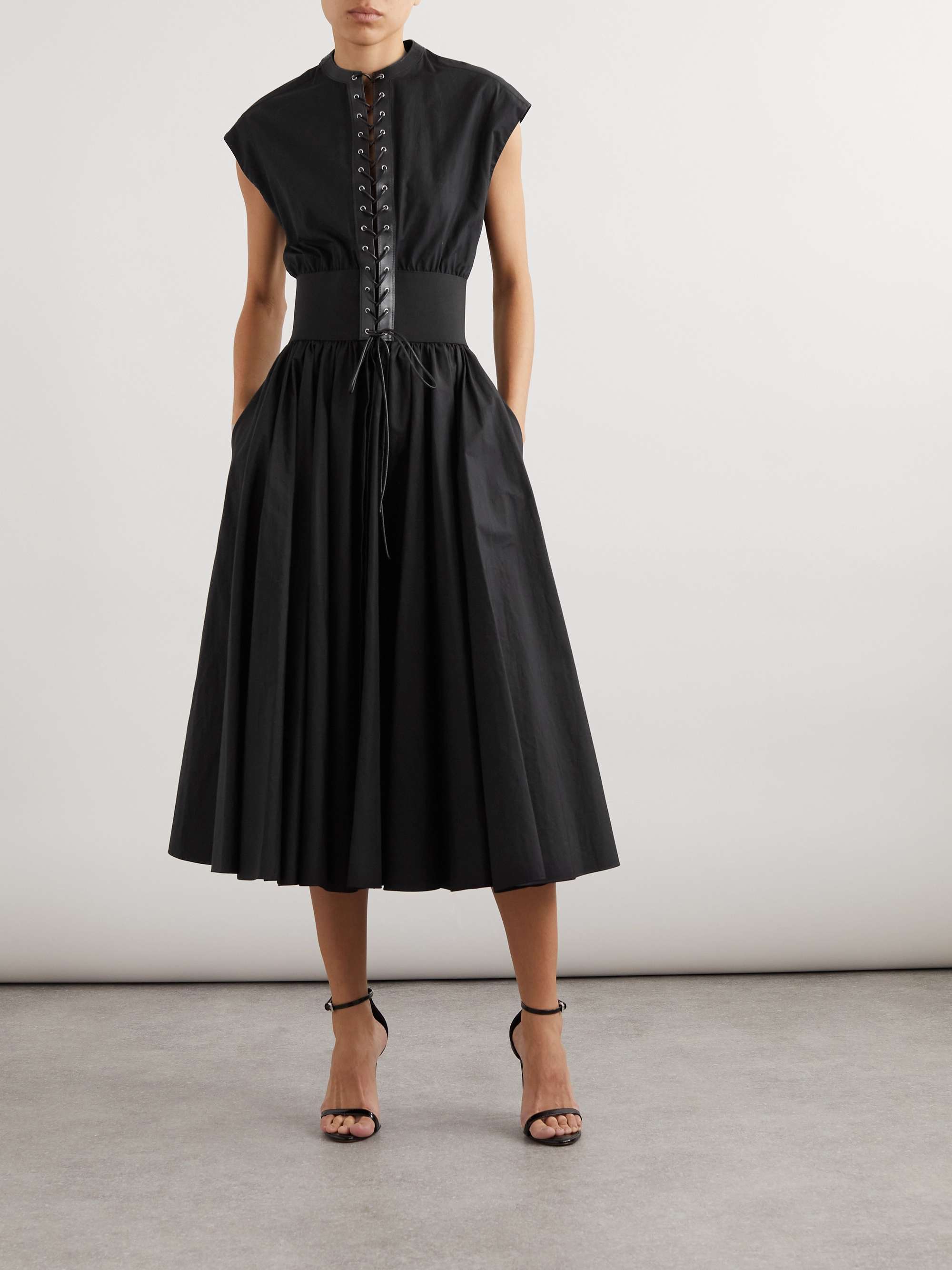 Belted leather-trimmed cotton midi dress view
