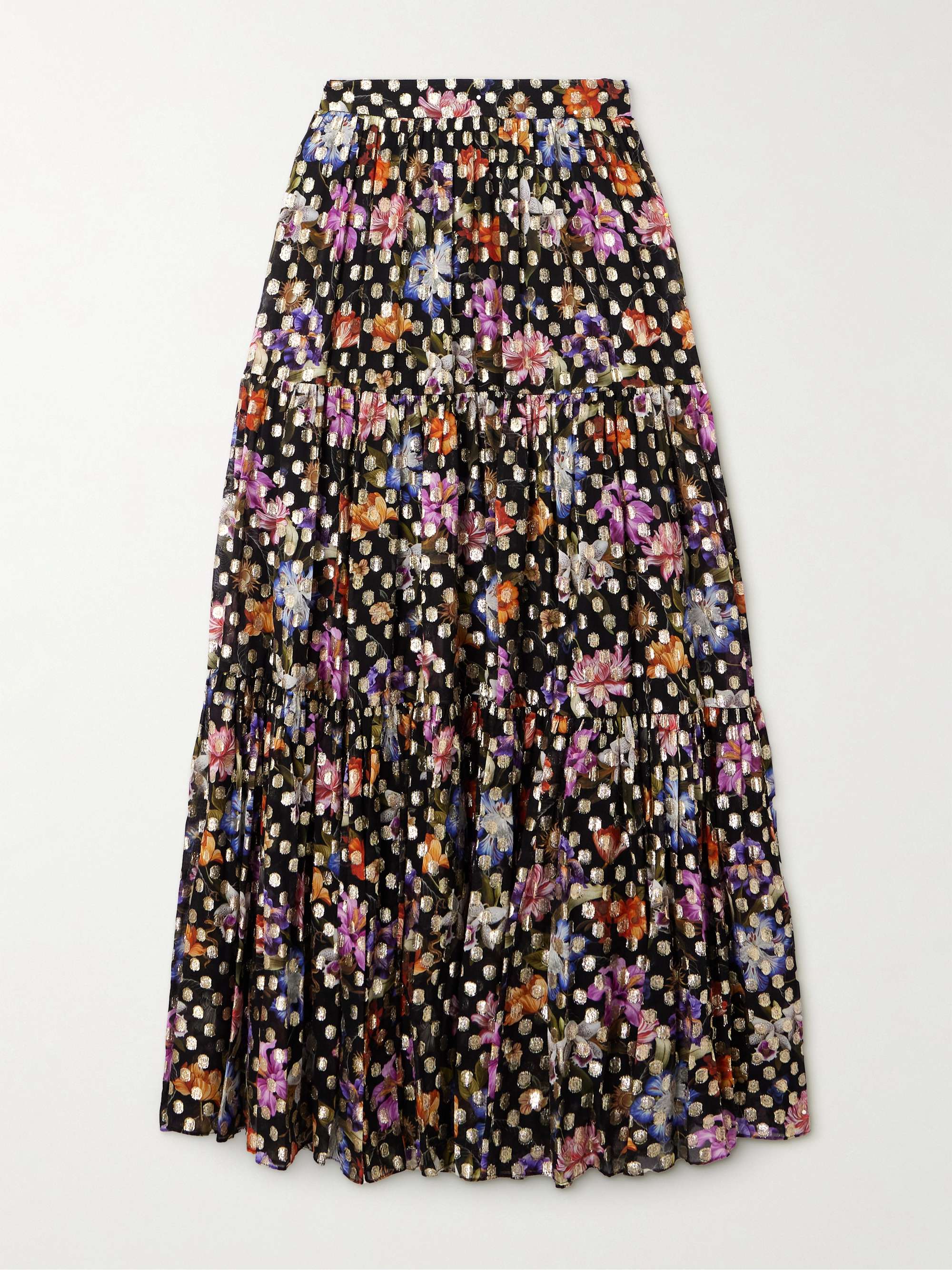 Frey tiered floral-print metallic fil coupé chiffon maxi skirt view