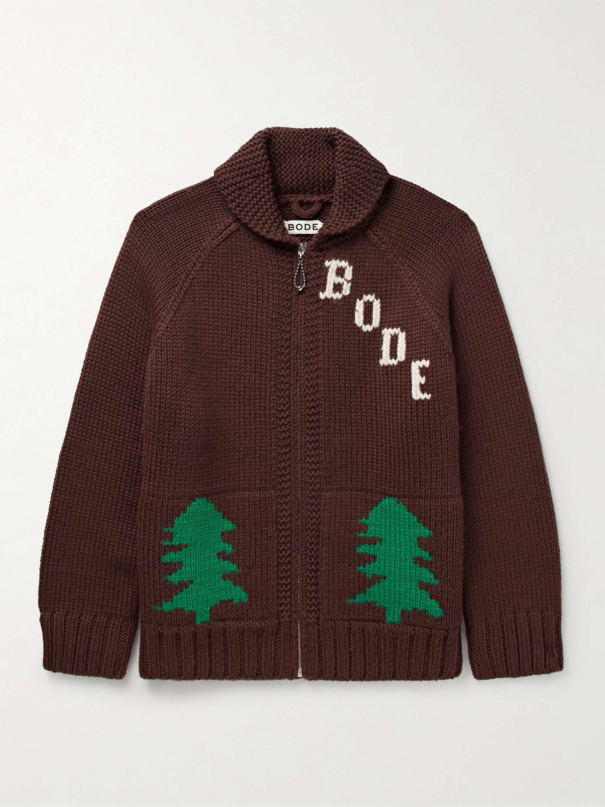 Fir Shawl-Collar Intarsia Wool Zip-Up Cardigan view