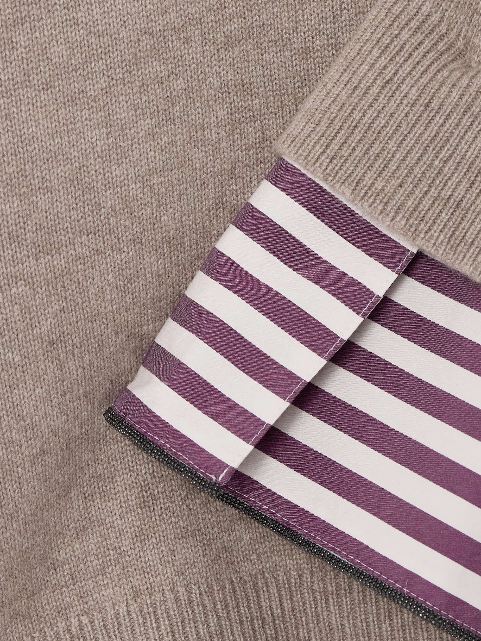 Striped poplin-trimmed cashmere turtleneck sweater view