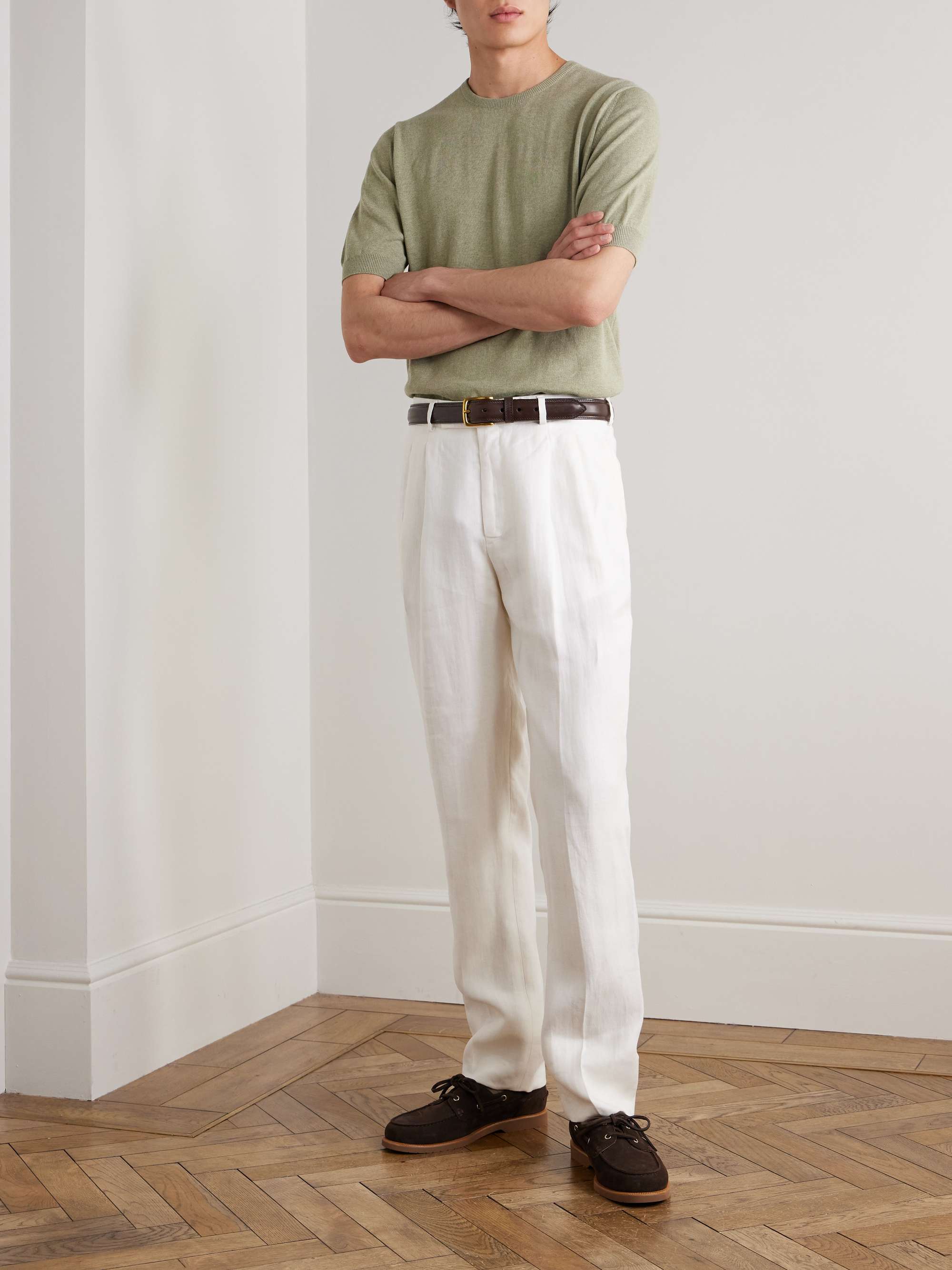 Tapered Pleated Herringbone Linen-Twill Suit Trousers view