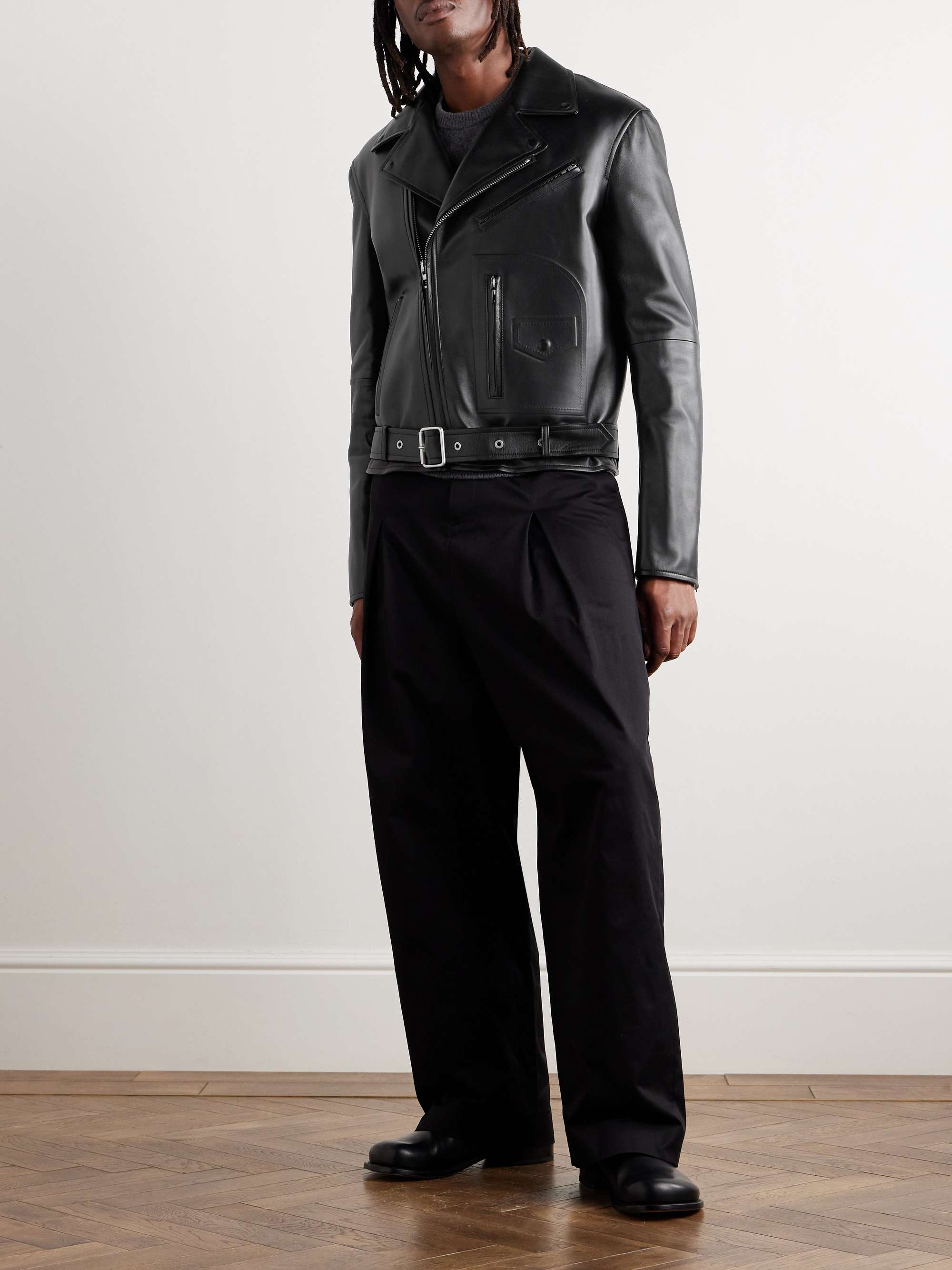 Logo-Embossed Belted Leather Biker Jacket view