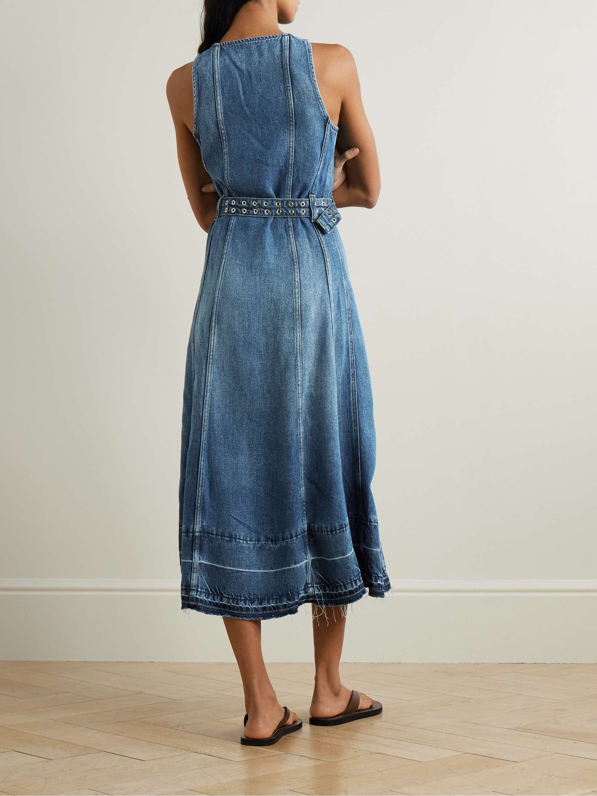 Belted frayed denim midi dress view