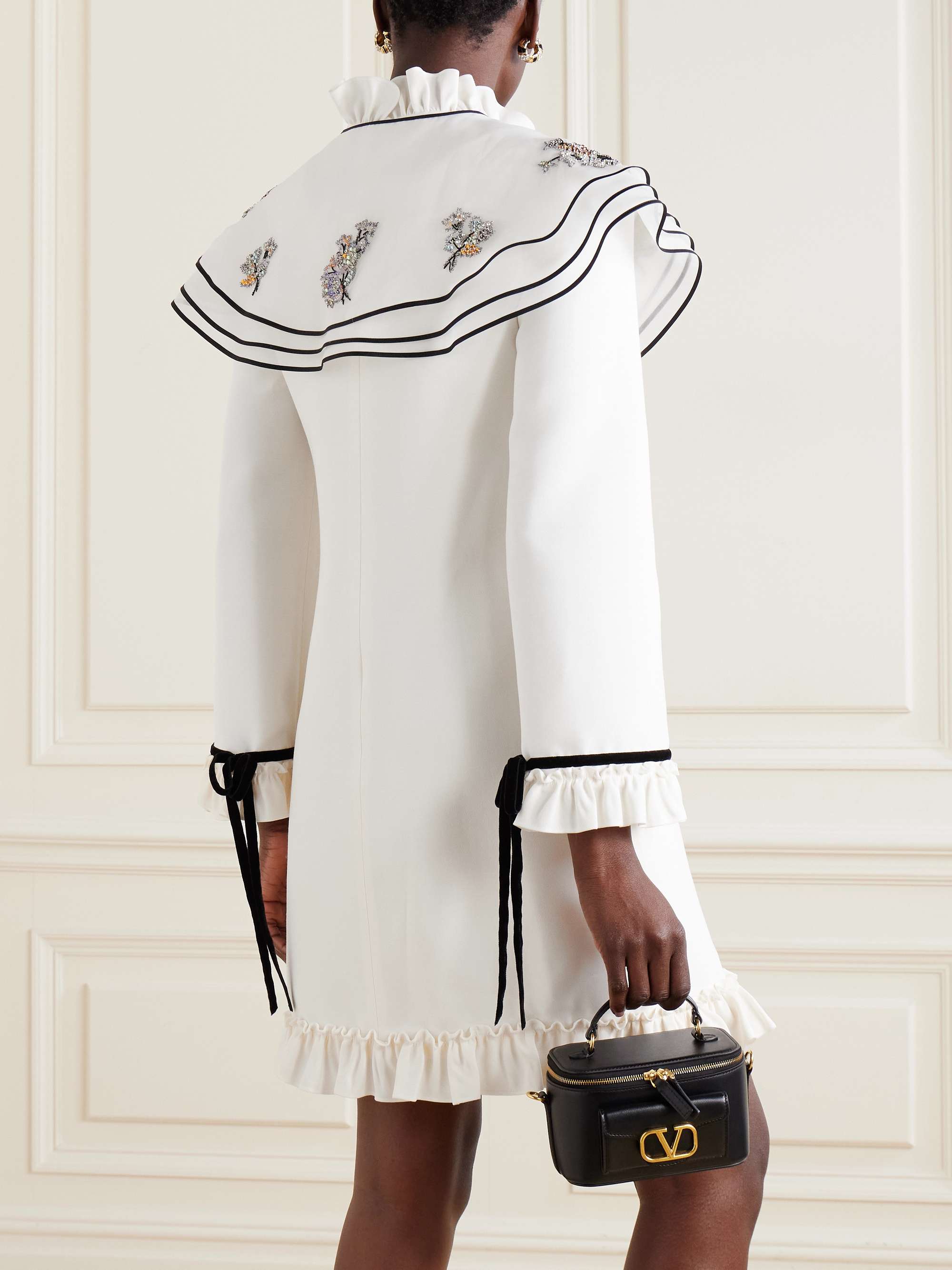 Embellished cape-effect ruffled wool and silk-blend crepe mini dress view