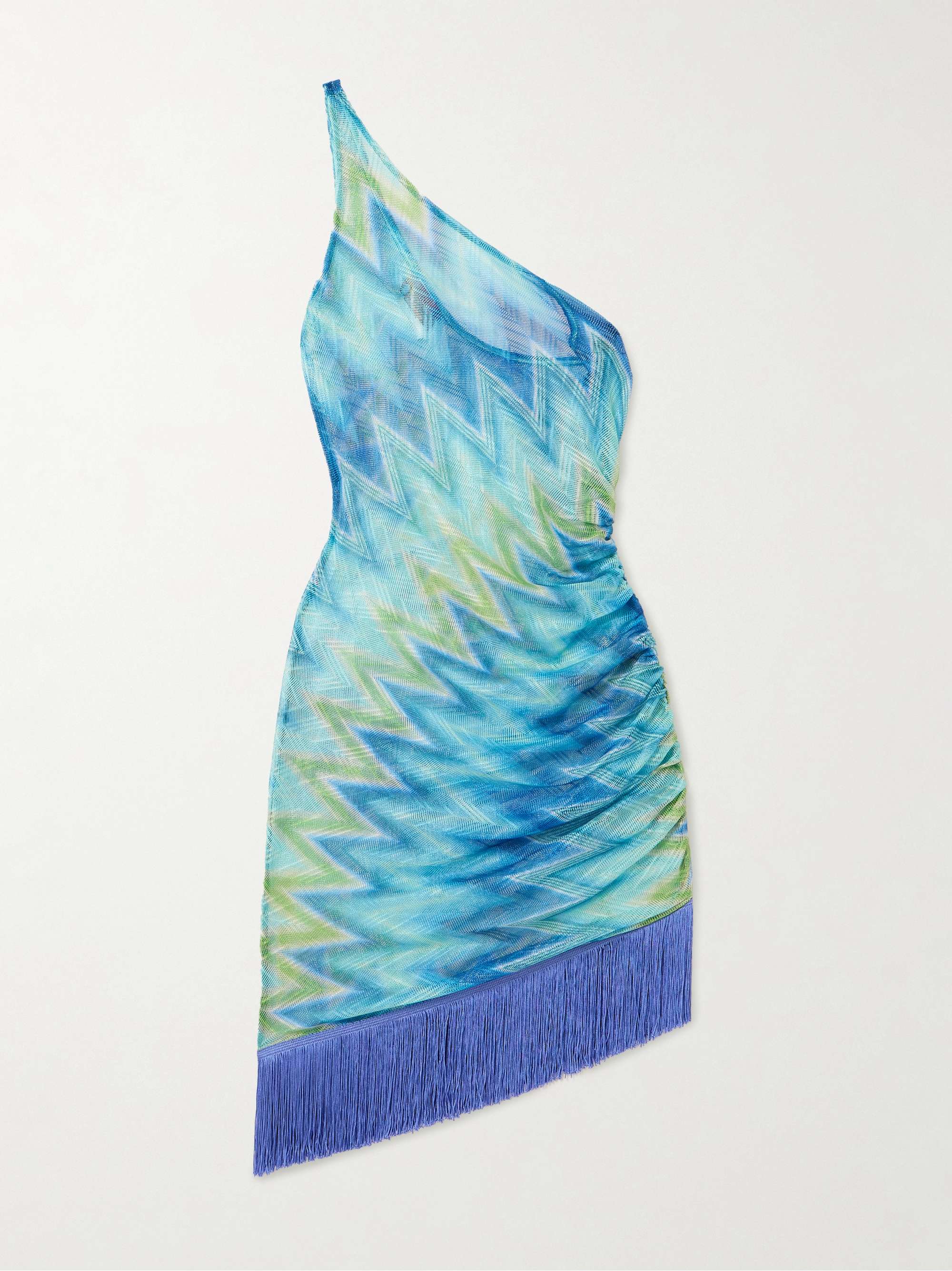 One-shoulder fringed printed tulle mini dress view