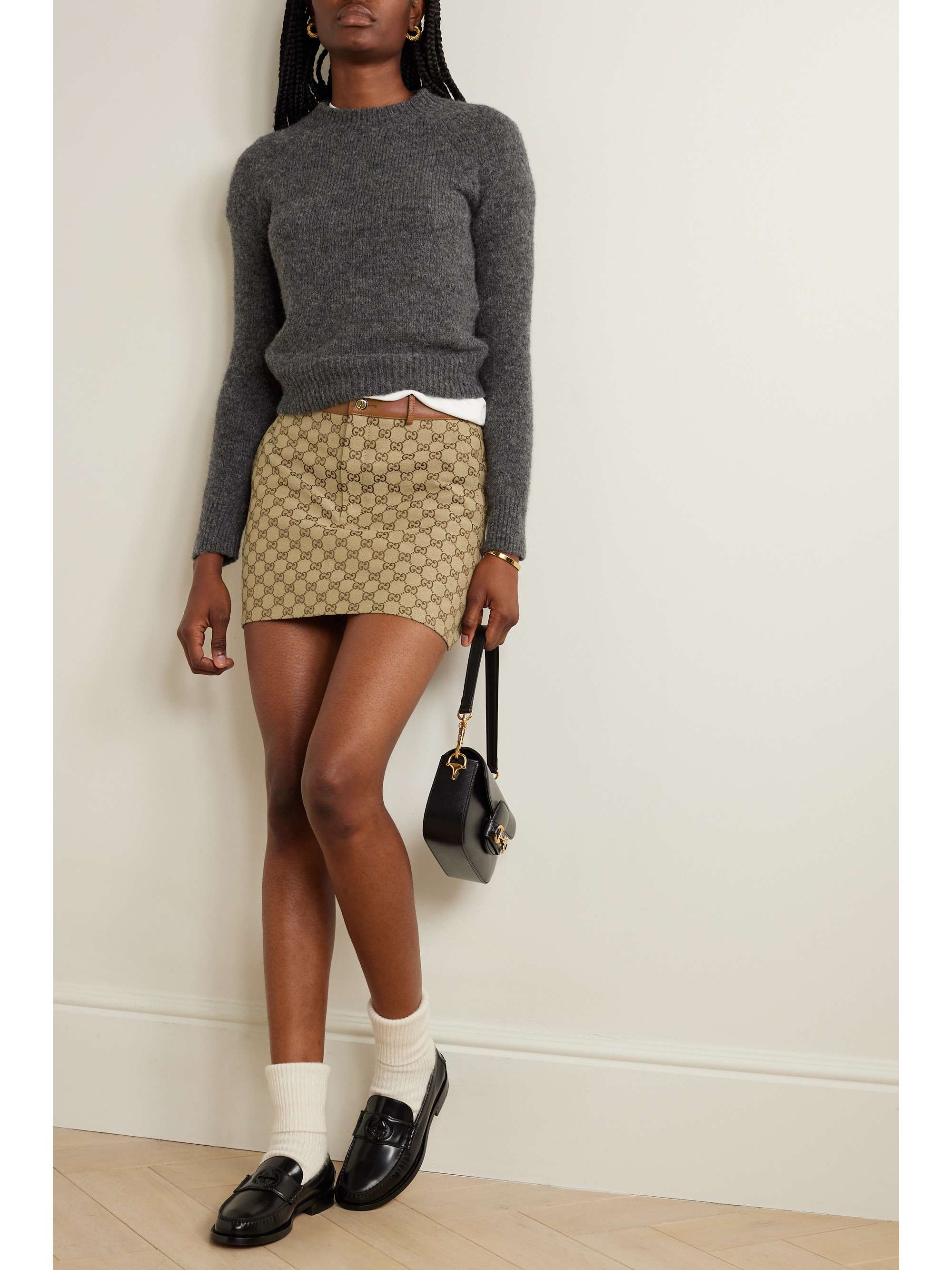 Leather-trimmed cotton-blend canvas-jacquard mini skirt view