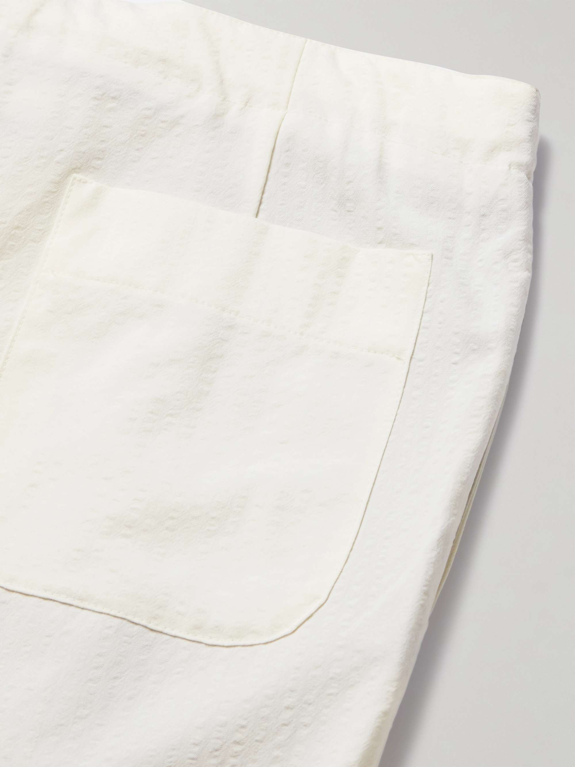 Straight-Leg Pleated Wool-Seersucker Drawstring Trousers view