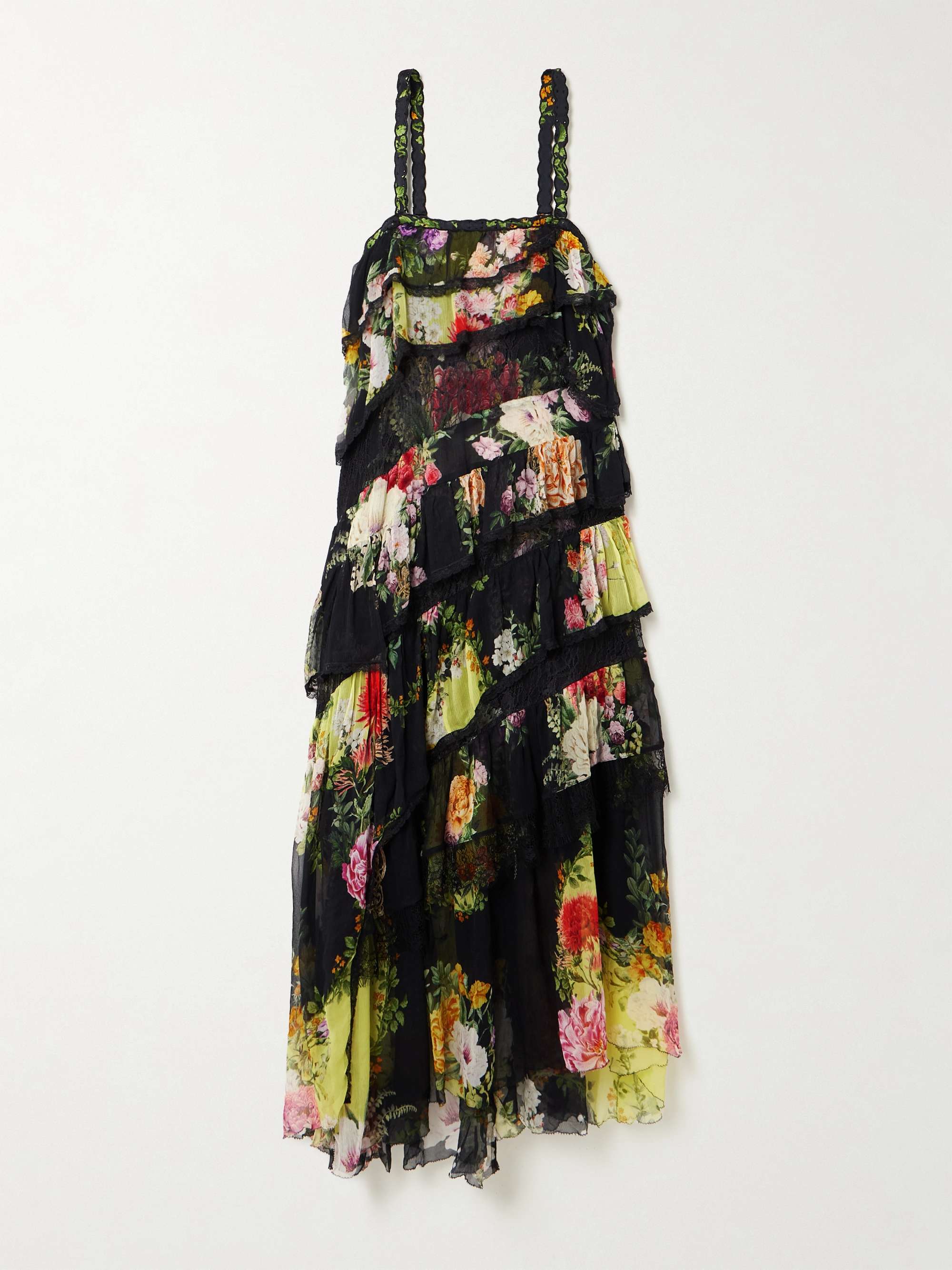 Asymmetric crystal-embellished lace-trimmed floral-print silk-crepon midi dress view