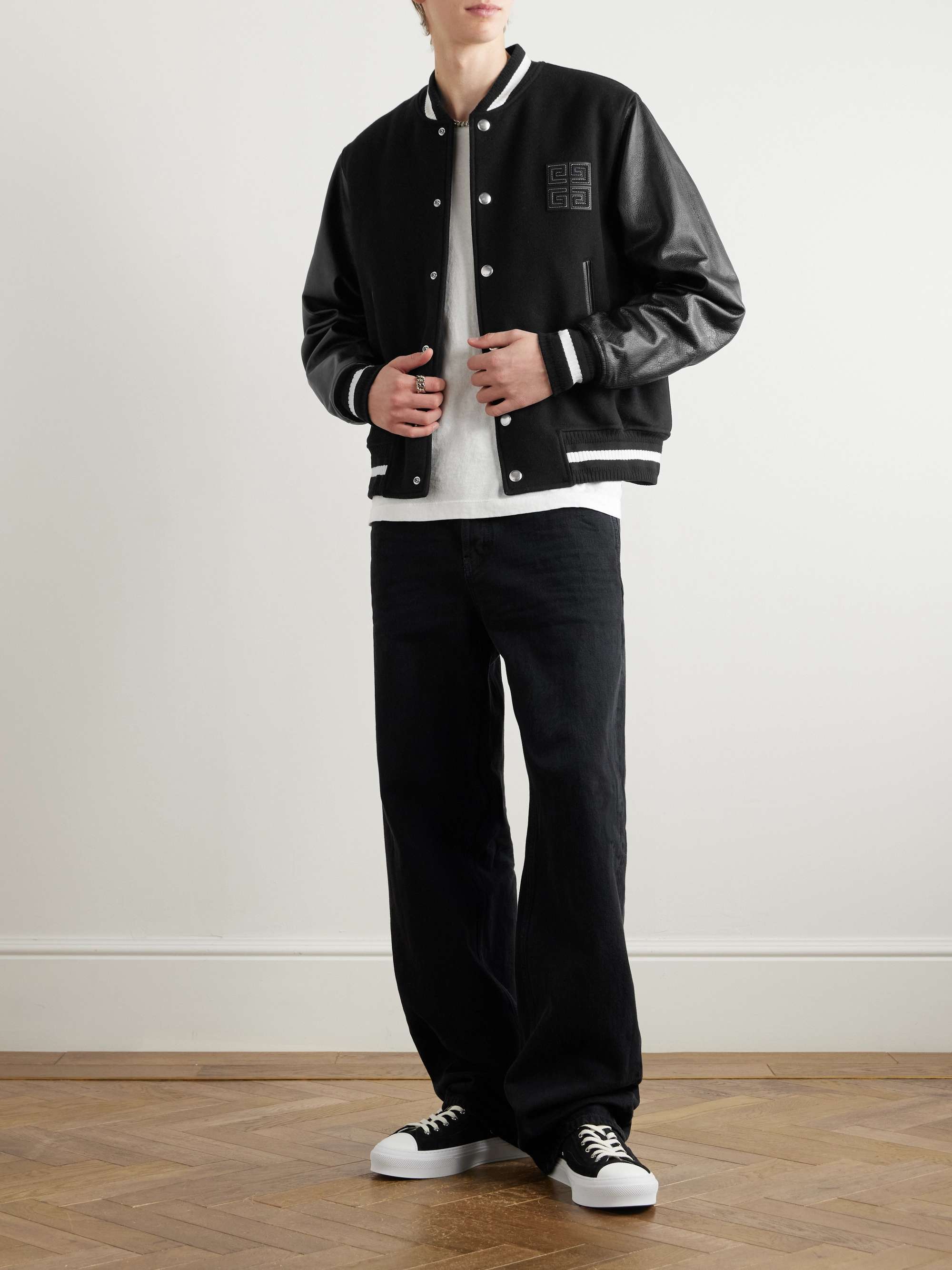 Logo-Appliquéd Brushed Wool-Blend and Leather Varsity Jacket view