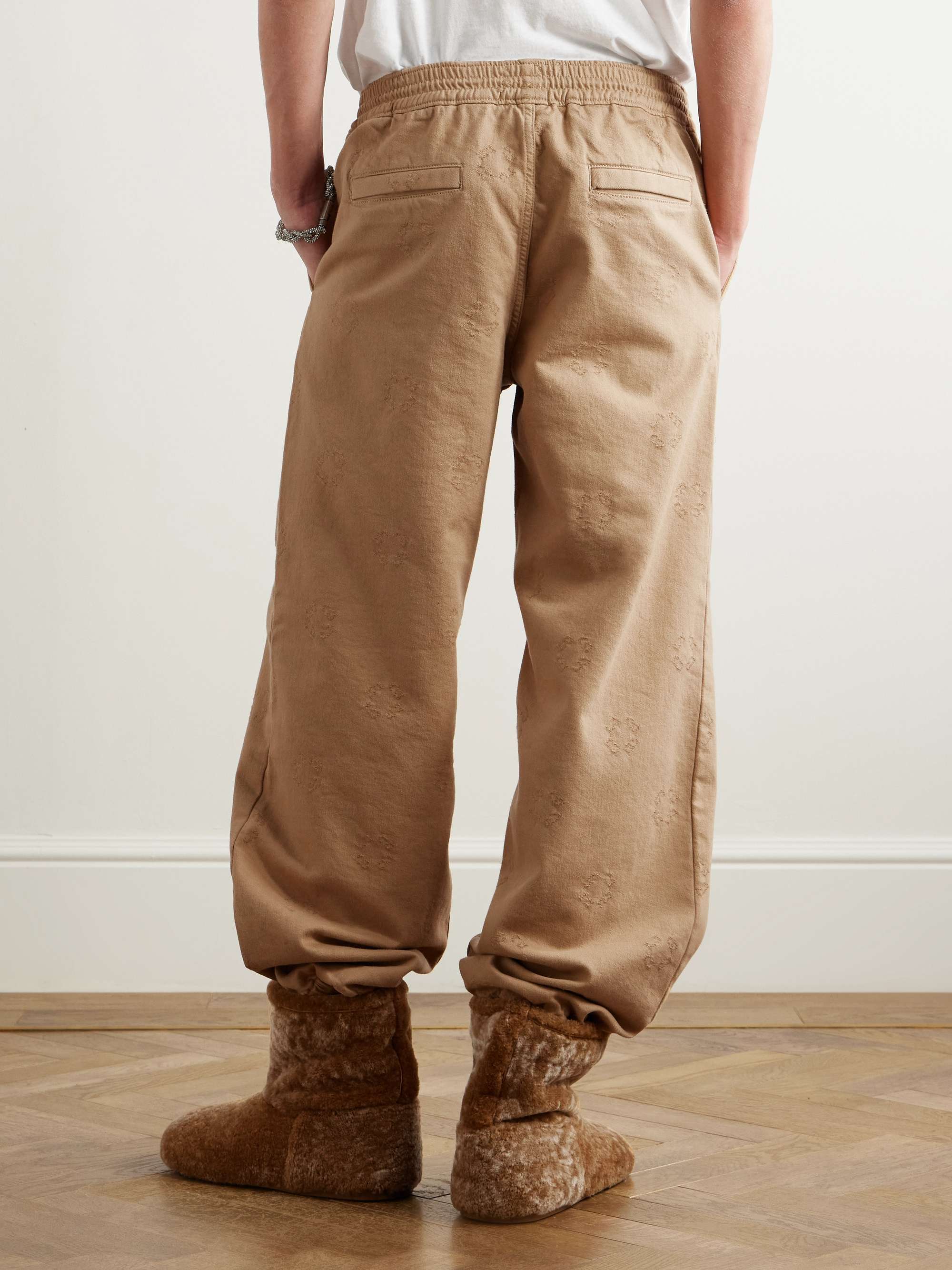 Tapered Appliquéd Logo-Jacquard Cotton-Blend Twill Trousers view