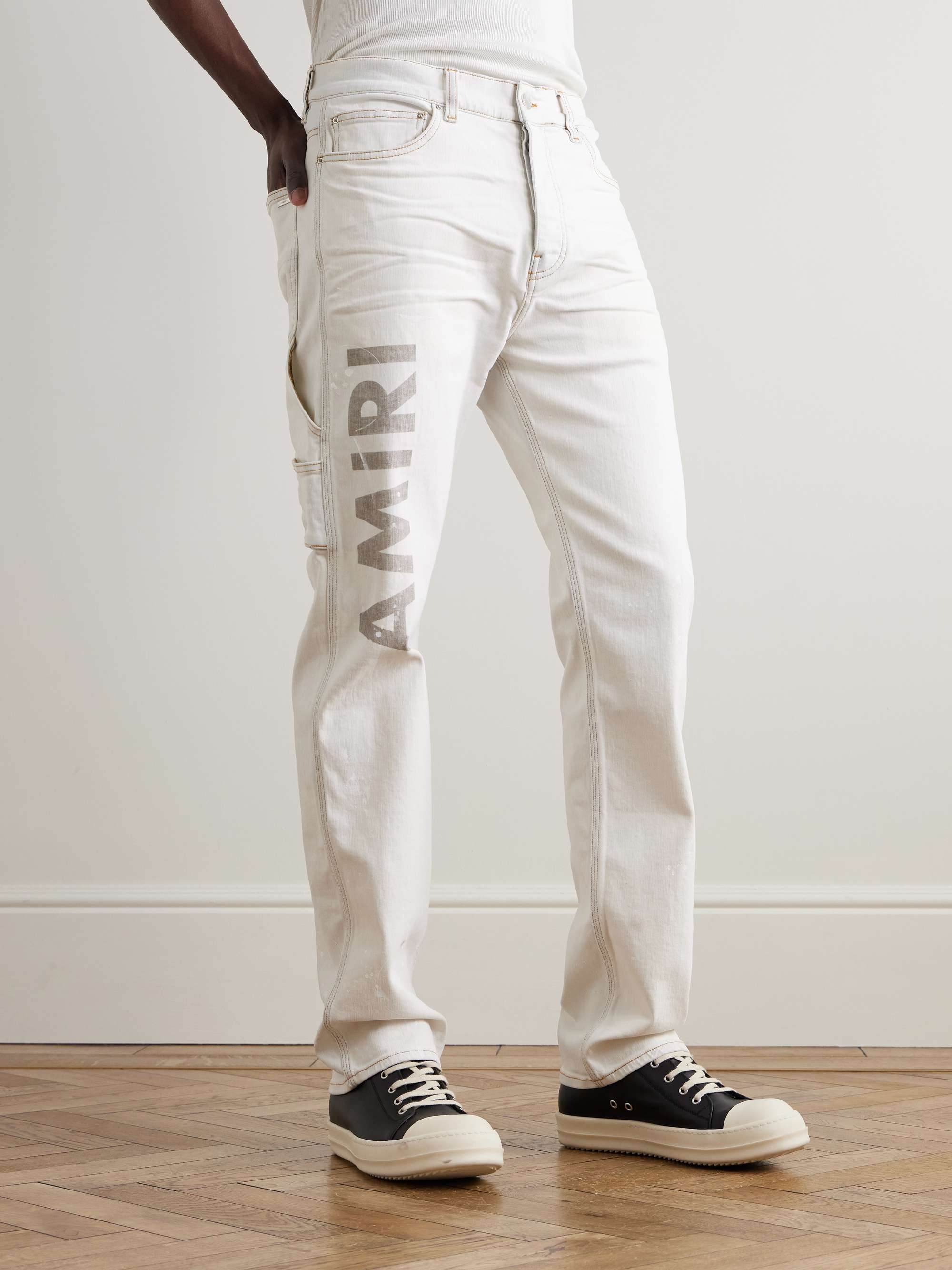 Slim-Fit Straight-Leg Logo-Print Paint-Splattered Jeans view