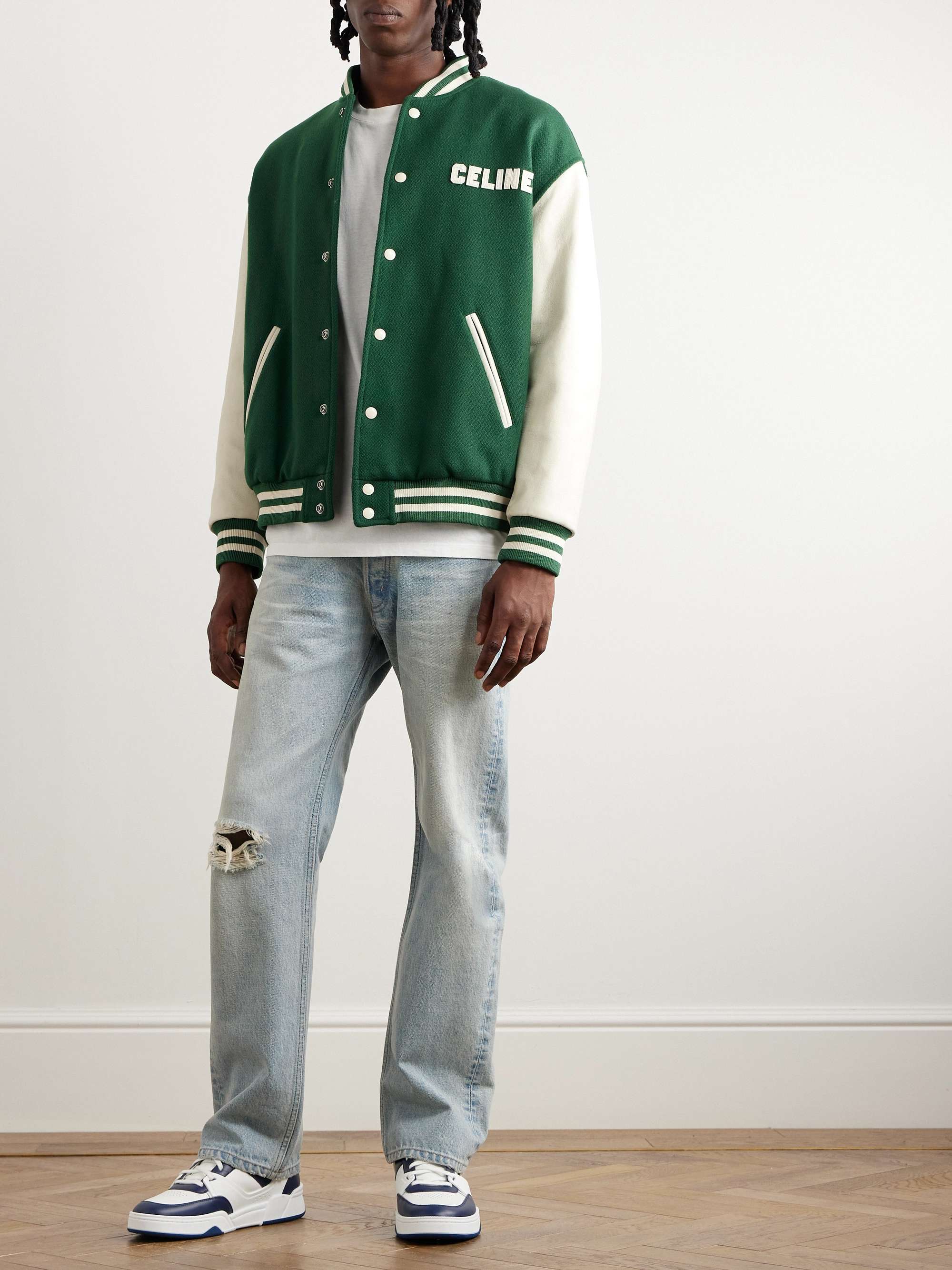 Teddy Logo-Appliquéd Wool-Blend and Leather Varsity Jacket view