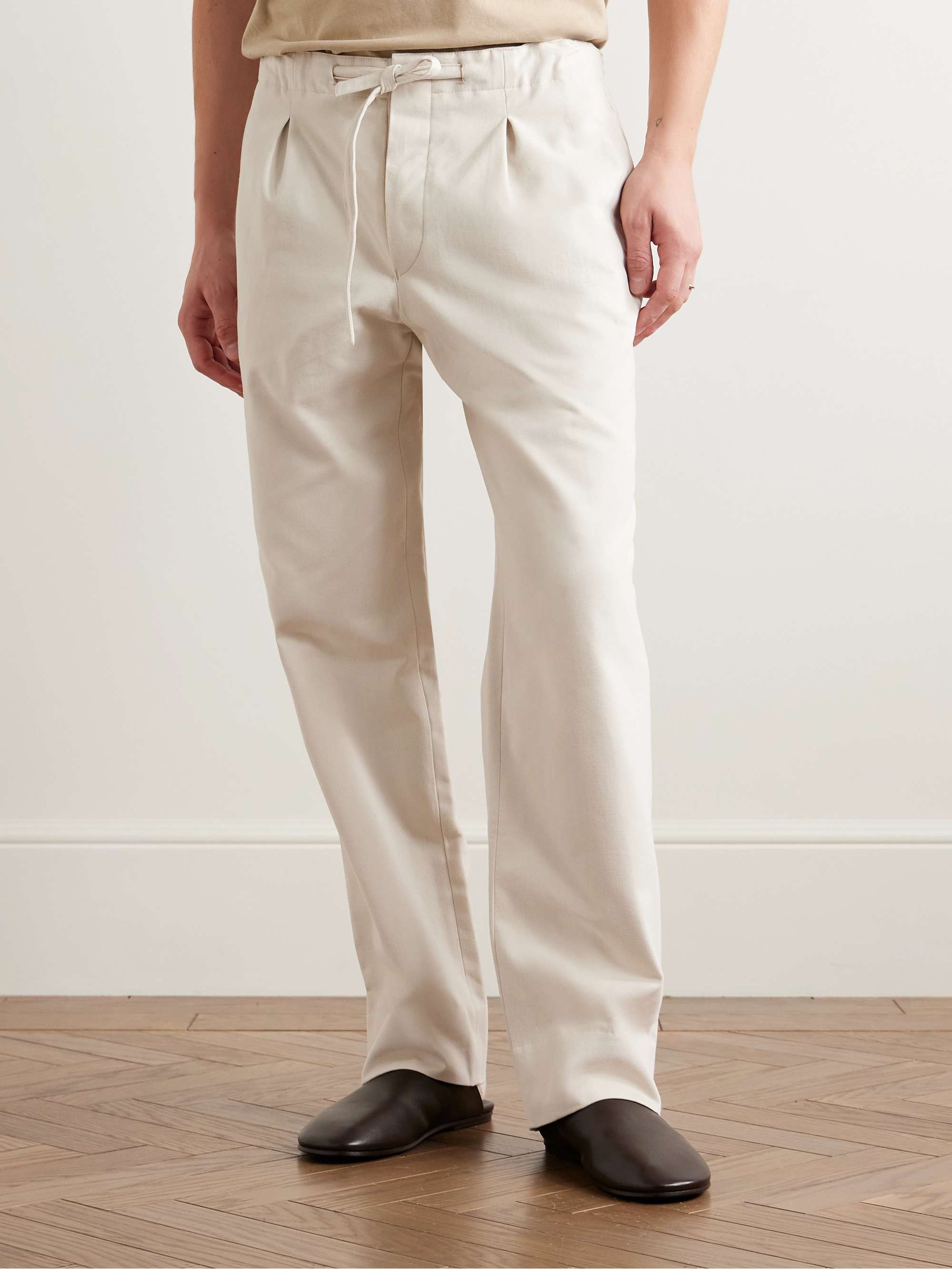 Straight-Leg Pleated Peached Cotton-Twill Drawstring Trousers view
