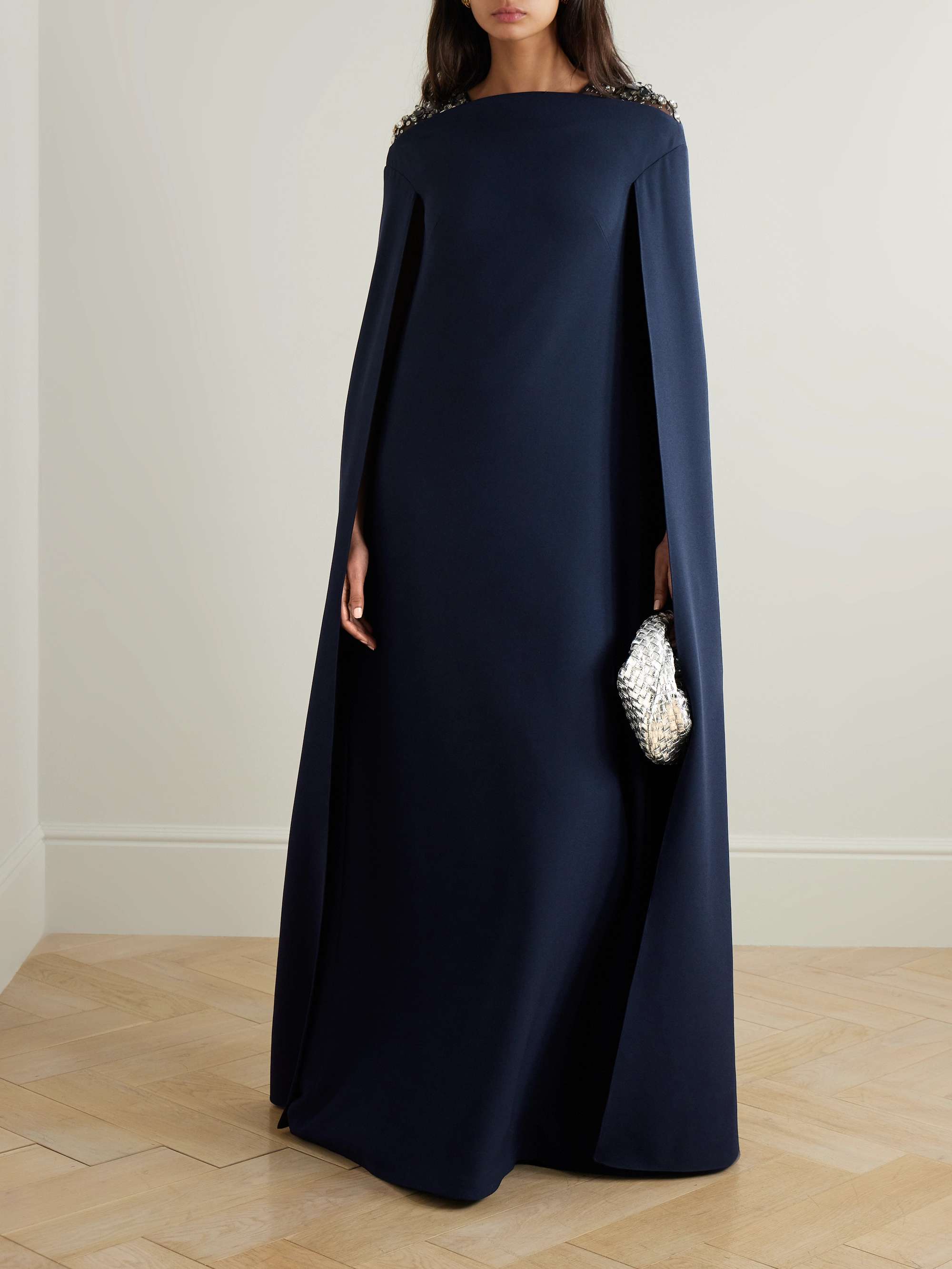Aleyna cape-effect embellished tulle-trimmed crepe gown view